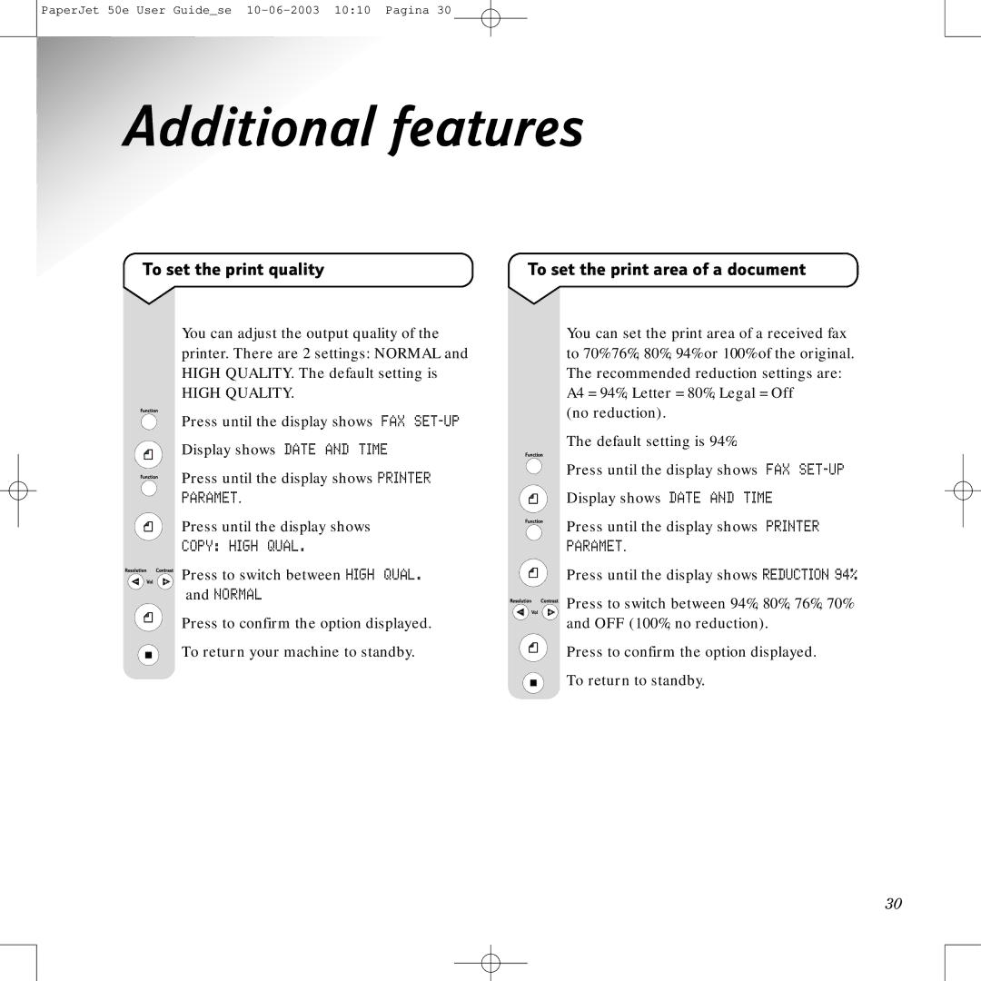 BT 50e manual Additional features, To set the print quality, To set the print area of a document, Paramet, Copy High Qual 