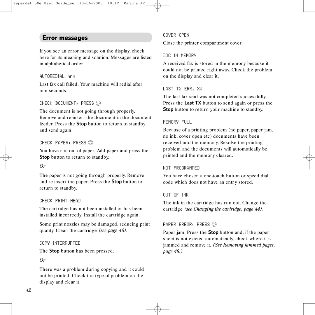 BT 50e manual Error messages 