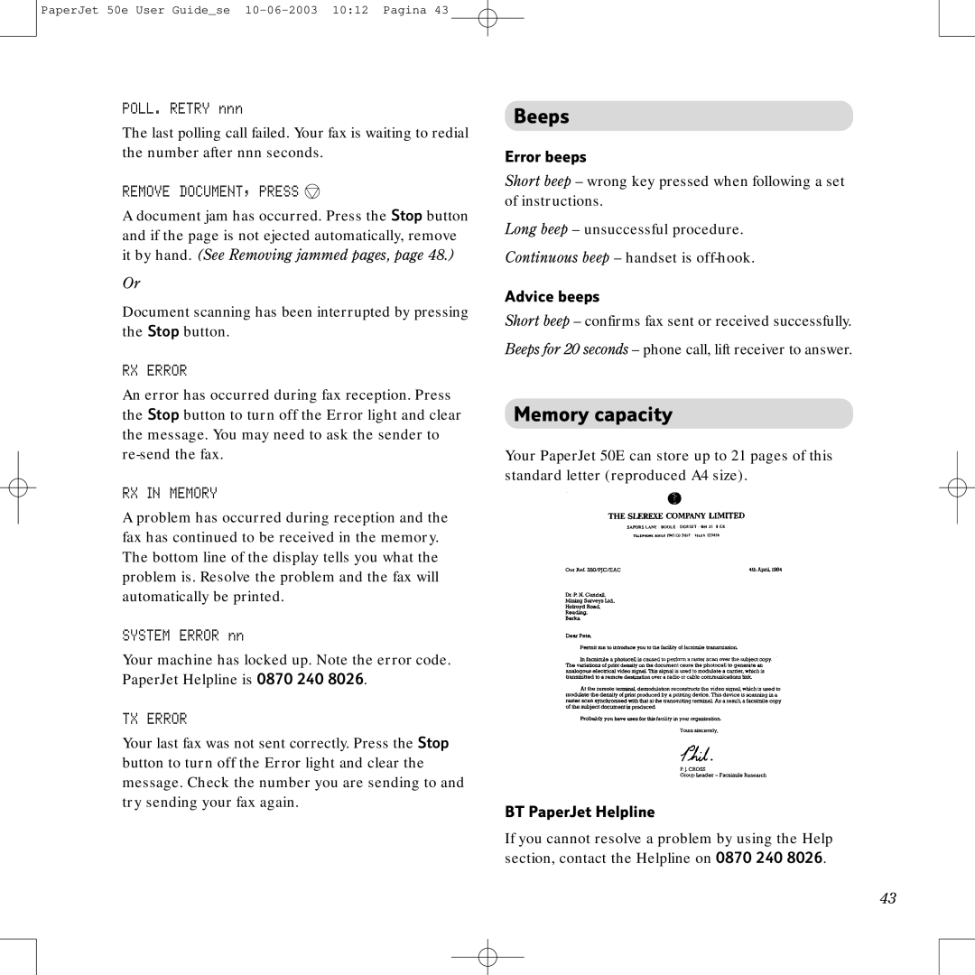 BT 50e manual Beeps, Memory capacity 