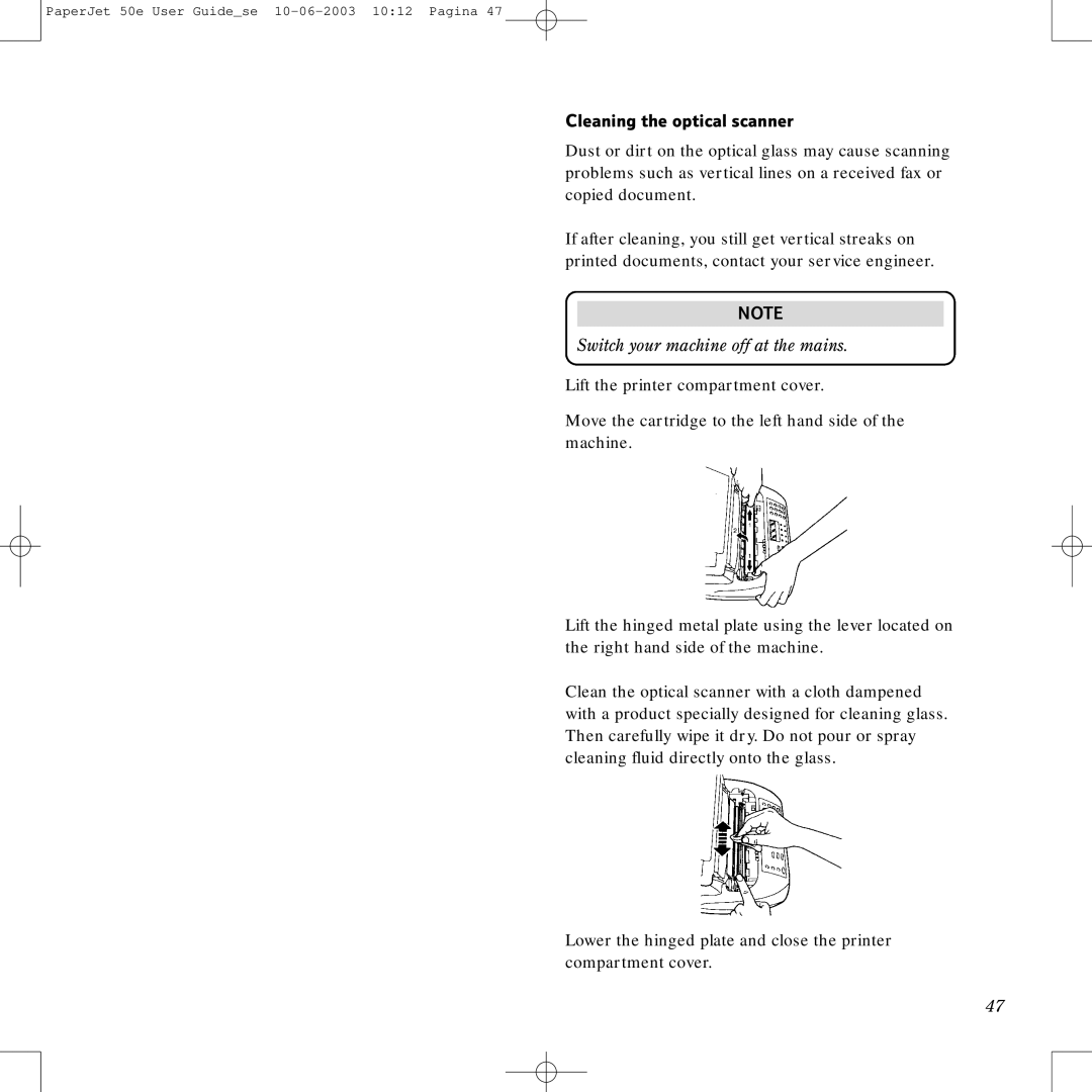 BT 50e manual Cleaning the optical scanner, Switch your machine off at the mains 