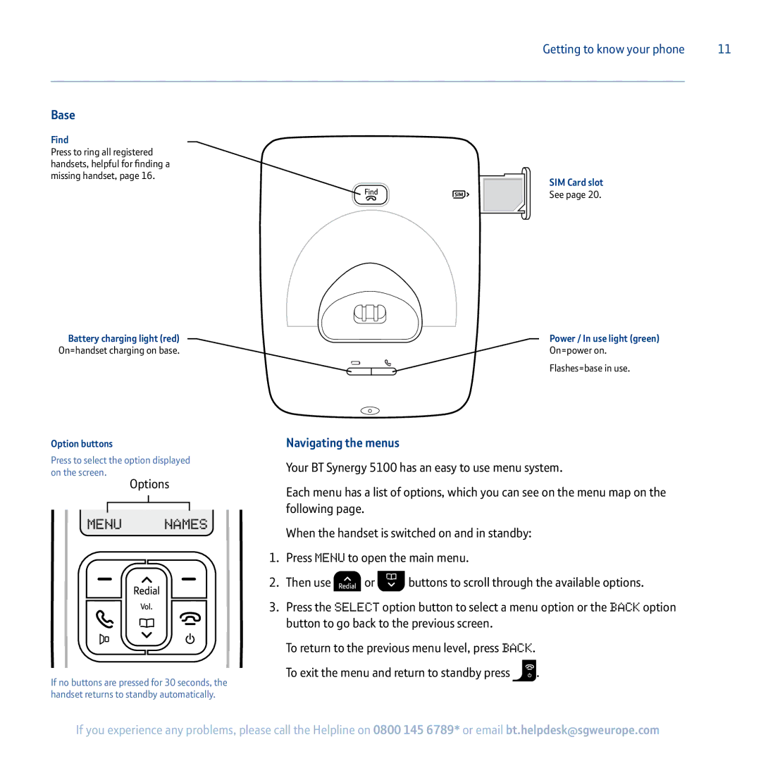 BT 5100 manual Base, Options, Navigating the menus 