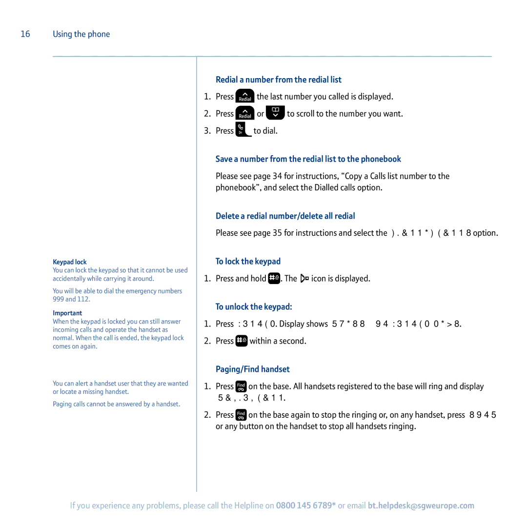 BT 5100 Redial a number from the redial list, Save a number from the redial list to the phonebook, To lock the keypad 