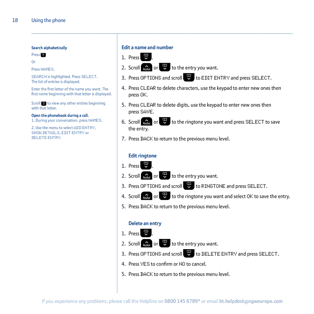 BT 5100 Edit a name and number, Edit ringtone, Delete an entry, Search alphabetically, Open the phonebook during a call 