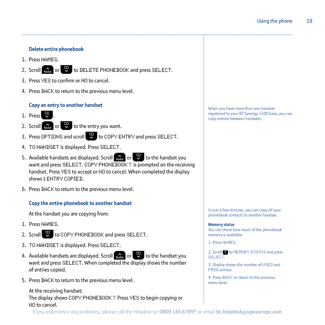 BT 5100 manual Delete entire phonebook, Copy an entry to another handset, Copy the entire phonebook to another handset 