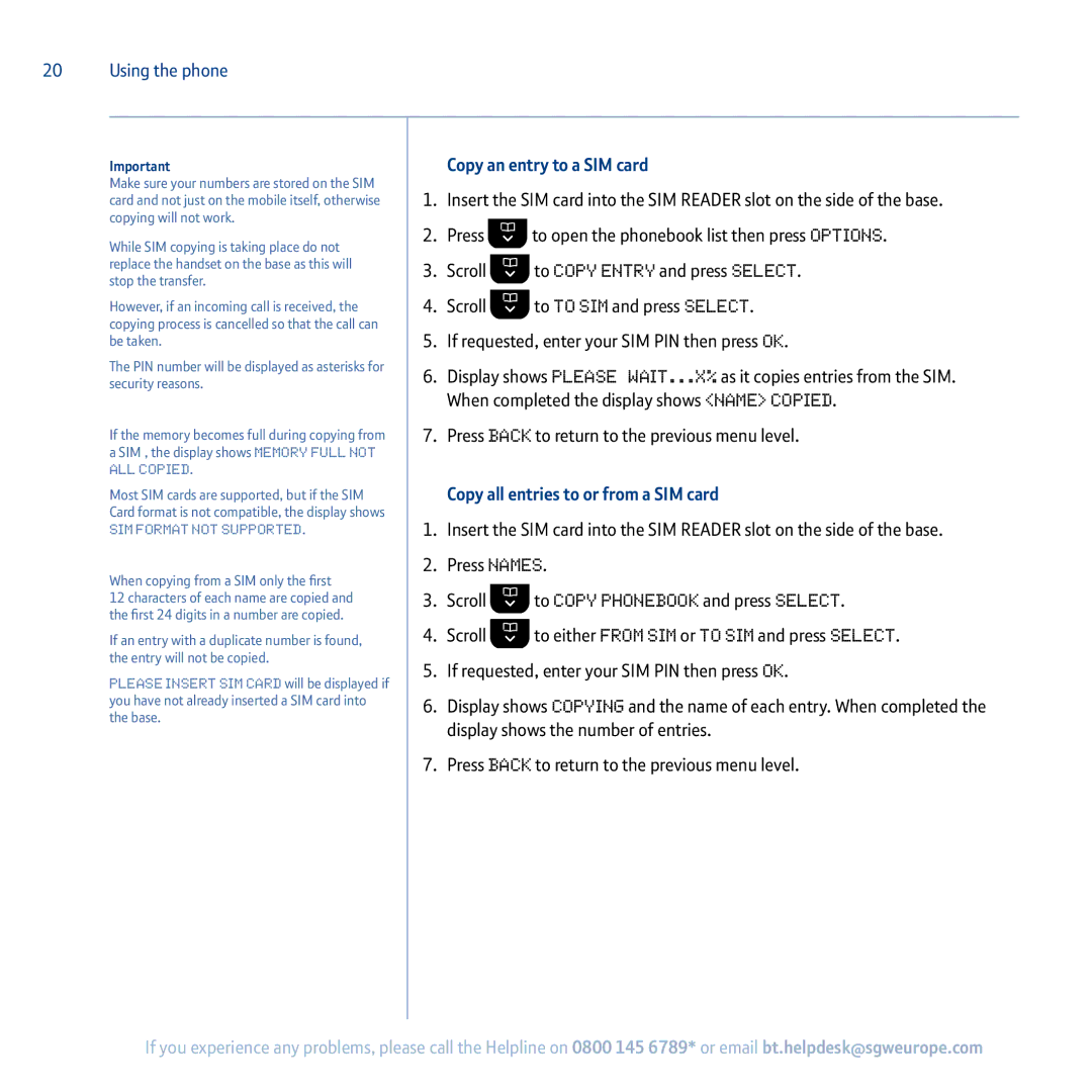 BT 5100 manual Copy an entry to a SIM card, Copy all entries to or from a SIM card 