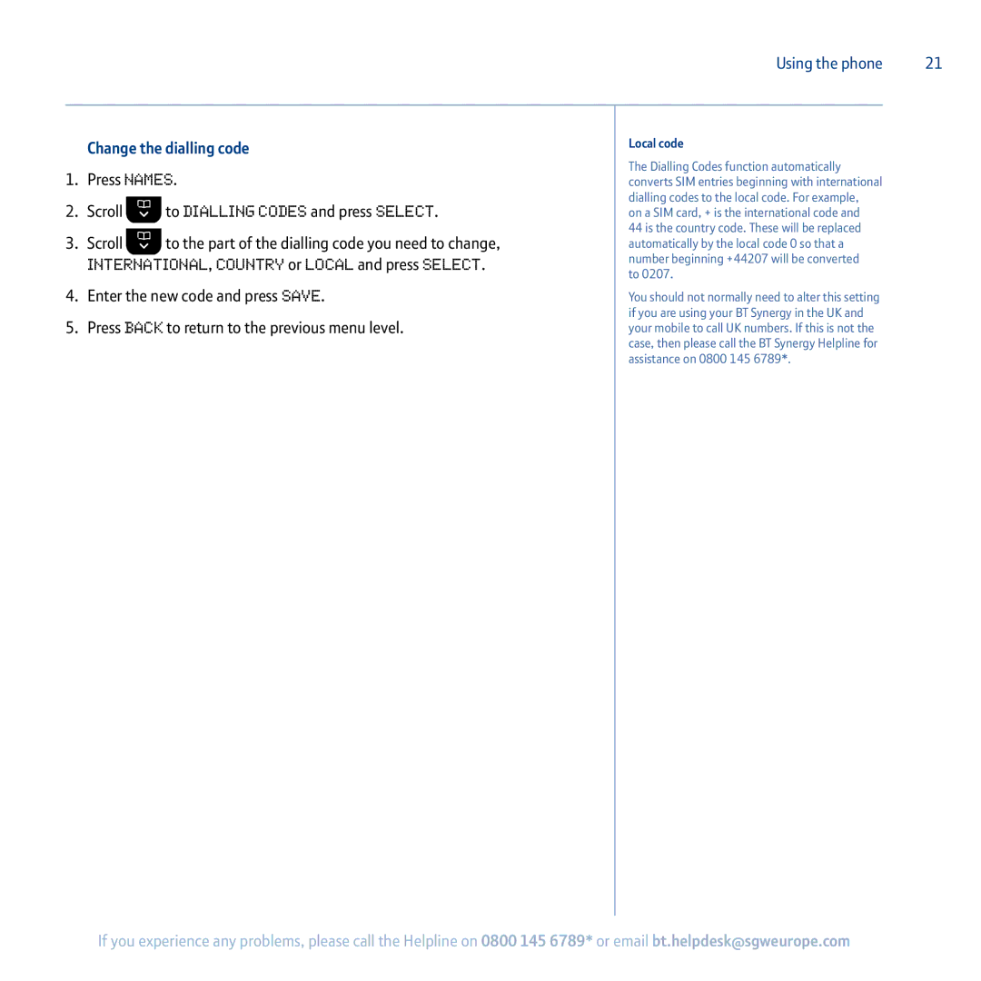 BT 5100 manual Change the dialling code, Local code 