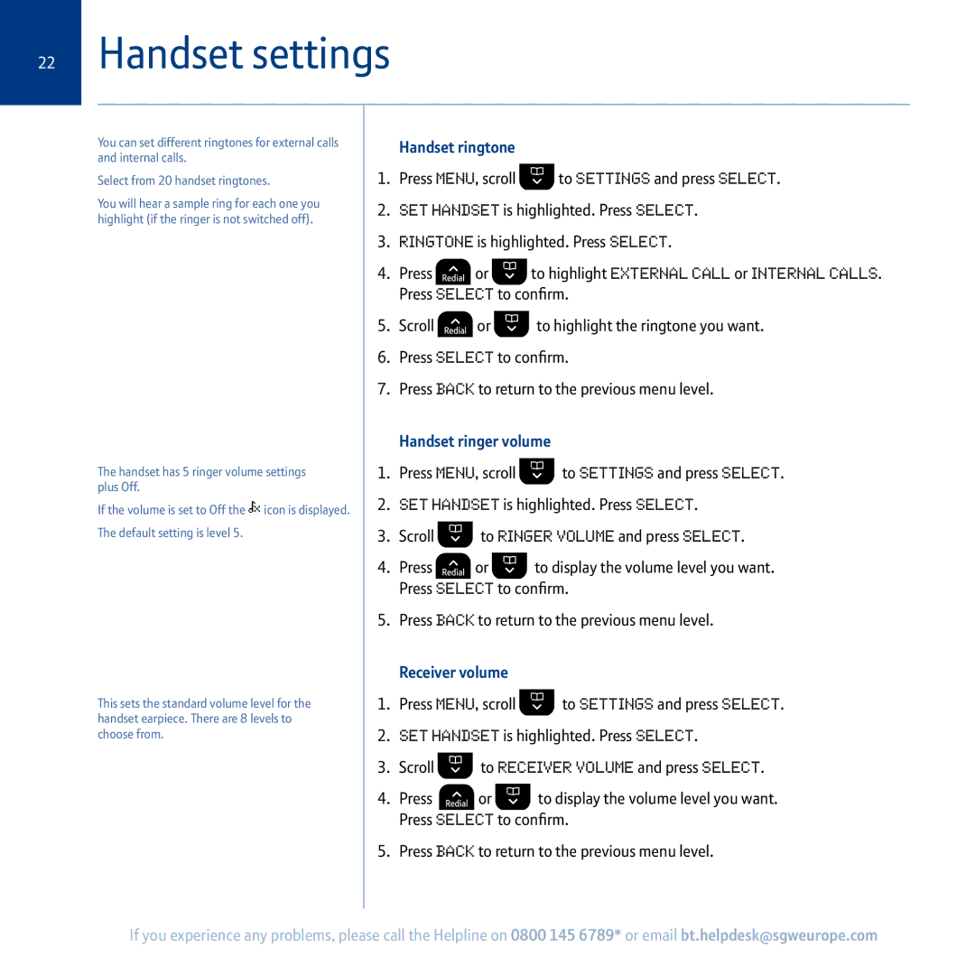 BT 5100 manual Handset settings, Handset ringtone, Handset ringer volume, Receiver volume 