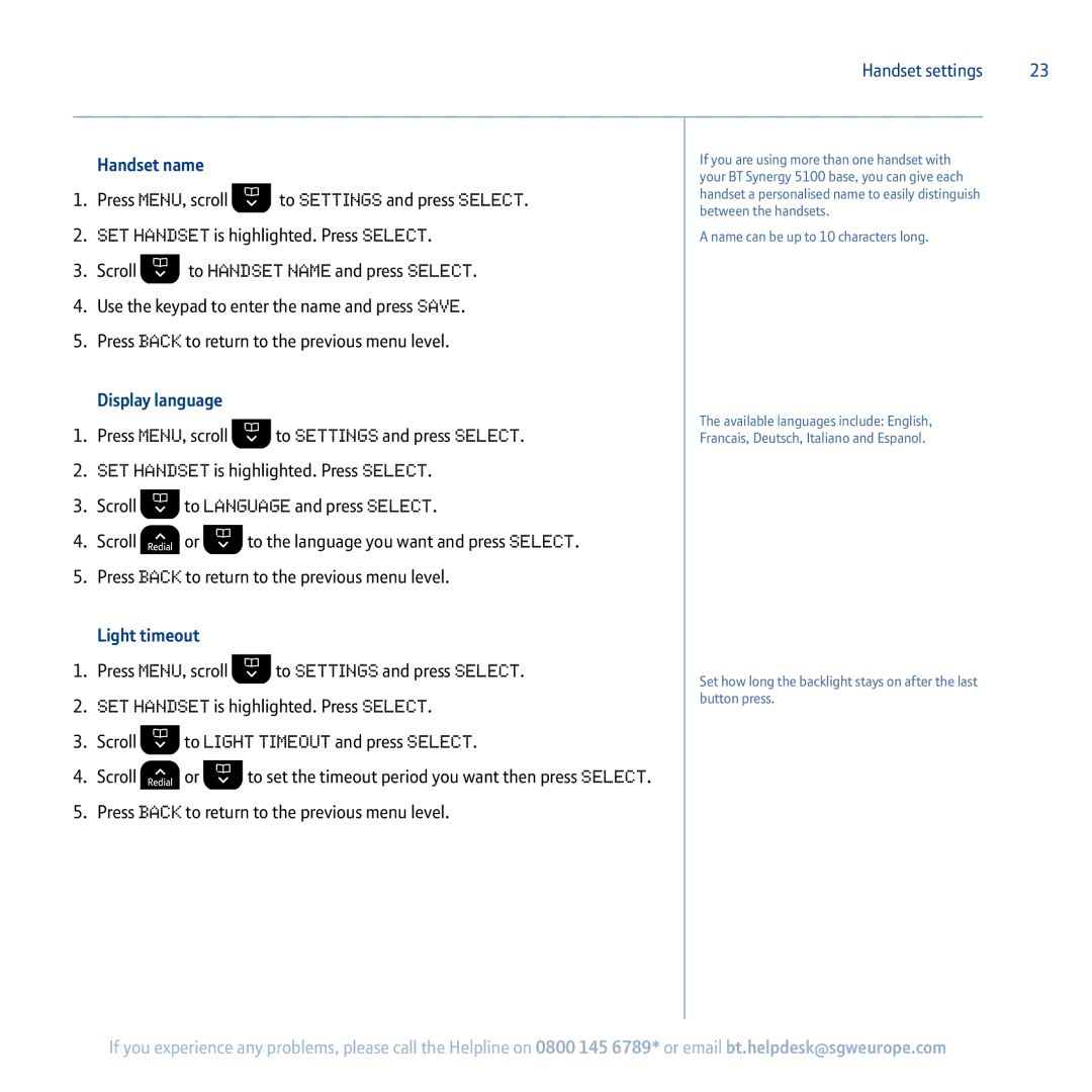 BT 5100 manual Handset name, Press Menu, scroll To Settings and press Select, Display language, Light timeout 