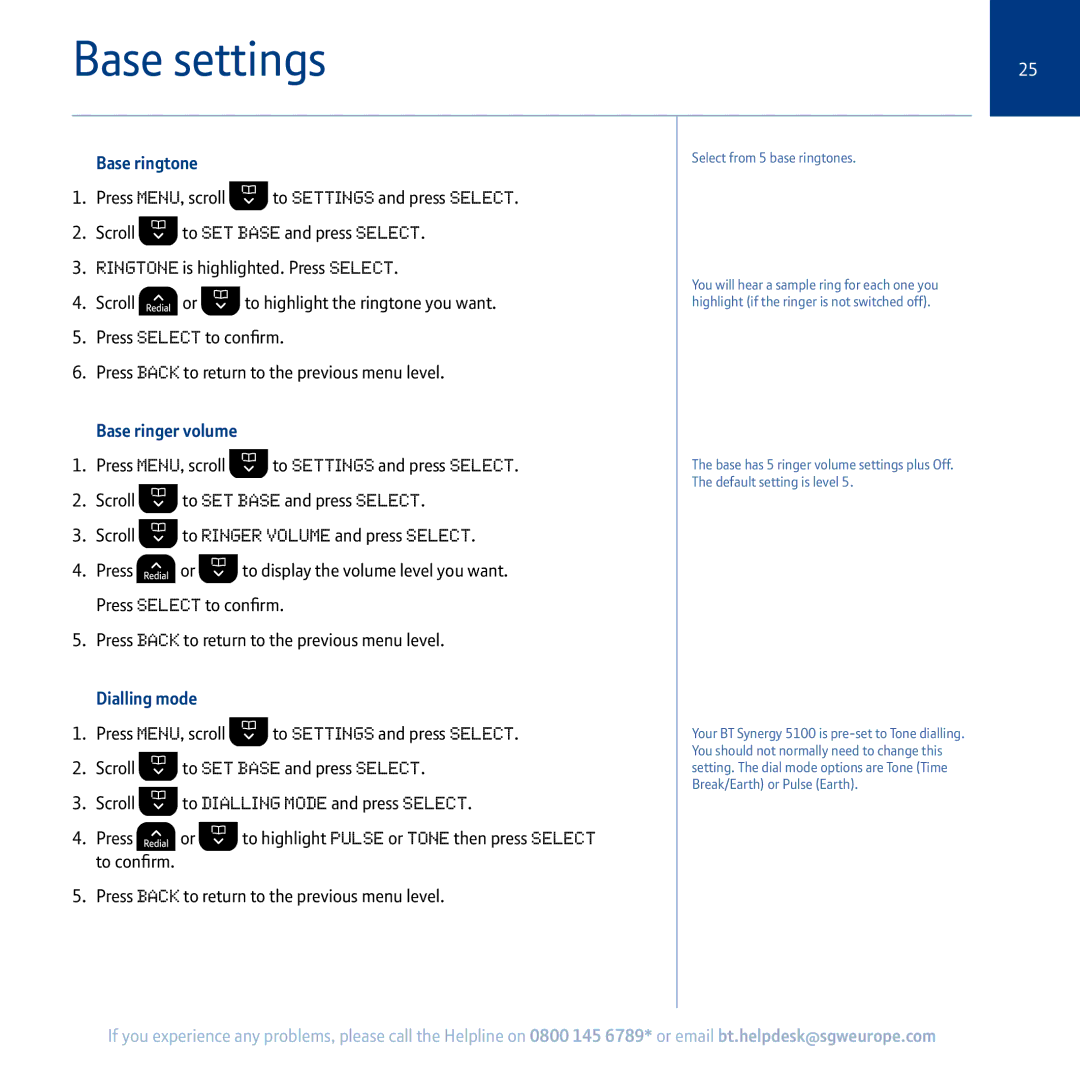 BT 5100 manual Base settings, Base ringtone, Base ringer volume, Dialling mode 