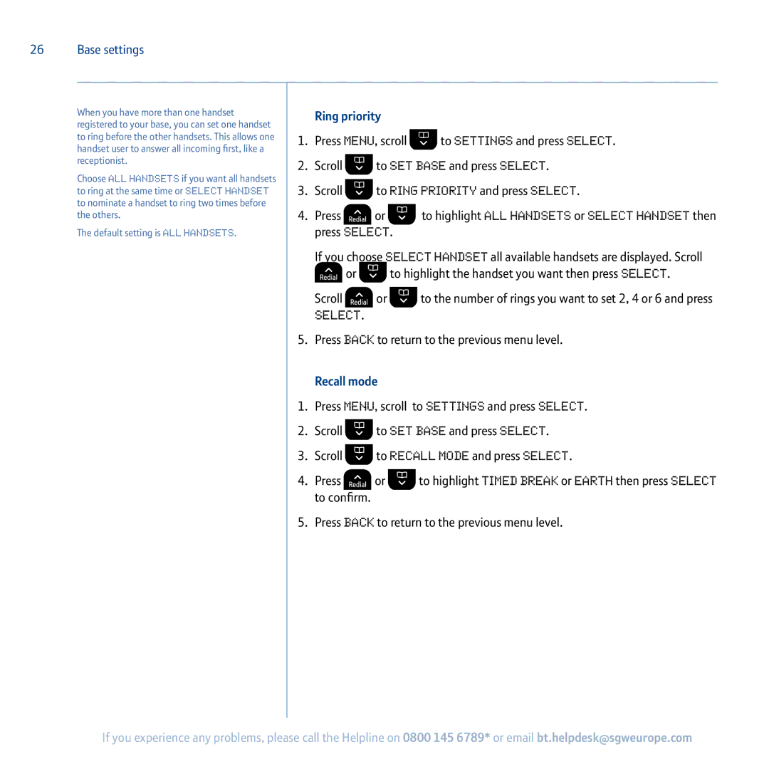 BT 5100 Ring priority, Scroll To Ring Priority and press Select, Press To highlight All Handsets or Select Handset then 