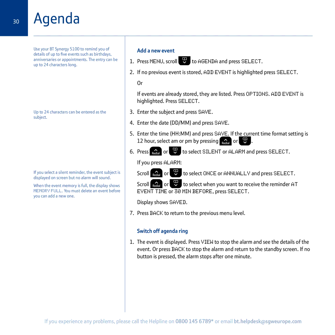 BT 5100 manual Agenda, Add a new event, Switch off agenda ring 