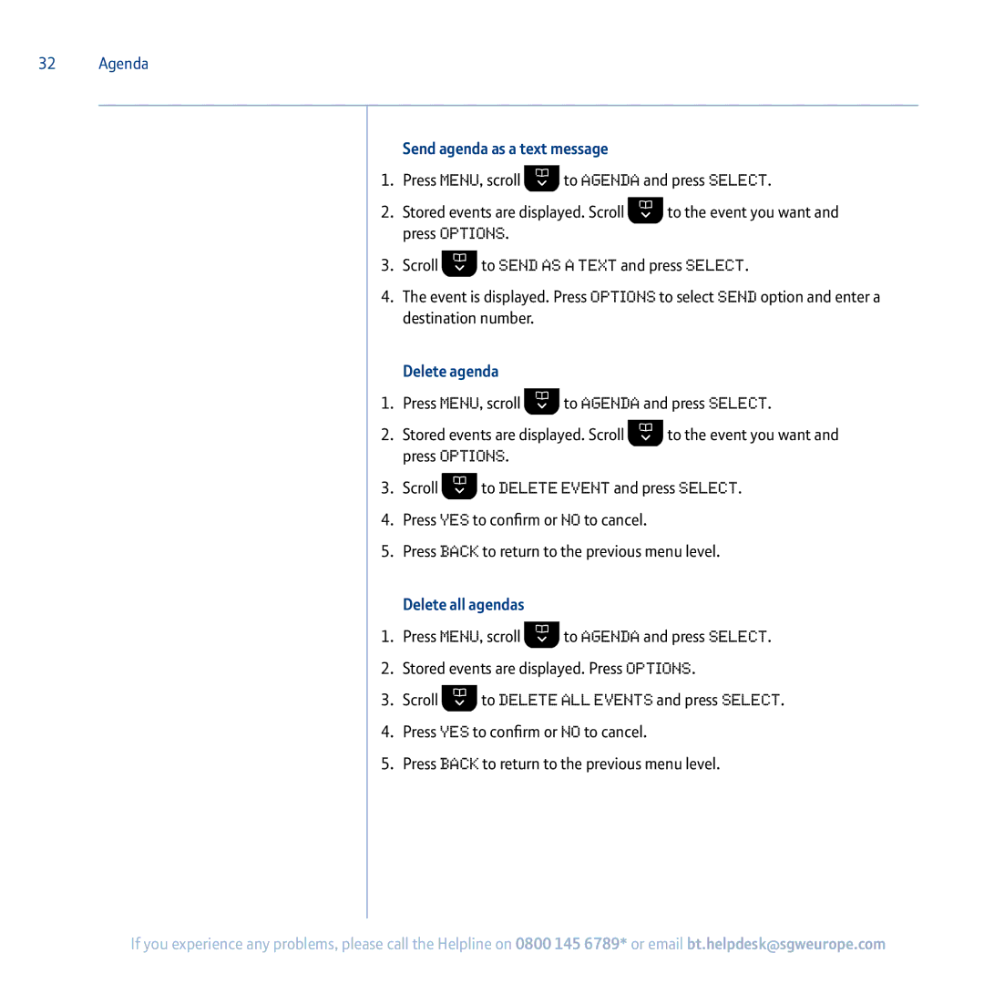 BT 5100 manual Send agenda as a text message, Delete agenda, Delete all agendas 