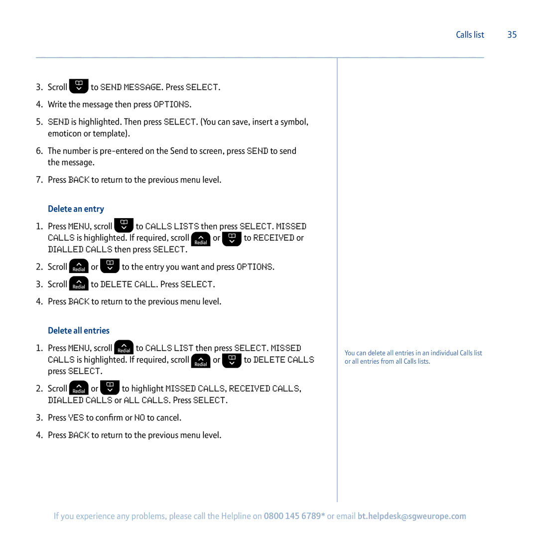 BT 5100 manual Delete all entries, Press Menu, scroll To Calls List then press Select. Missed 