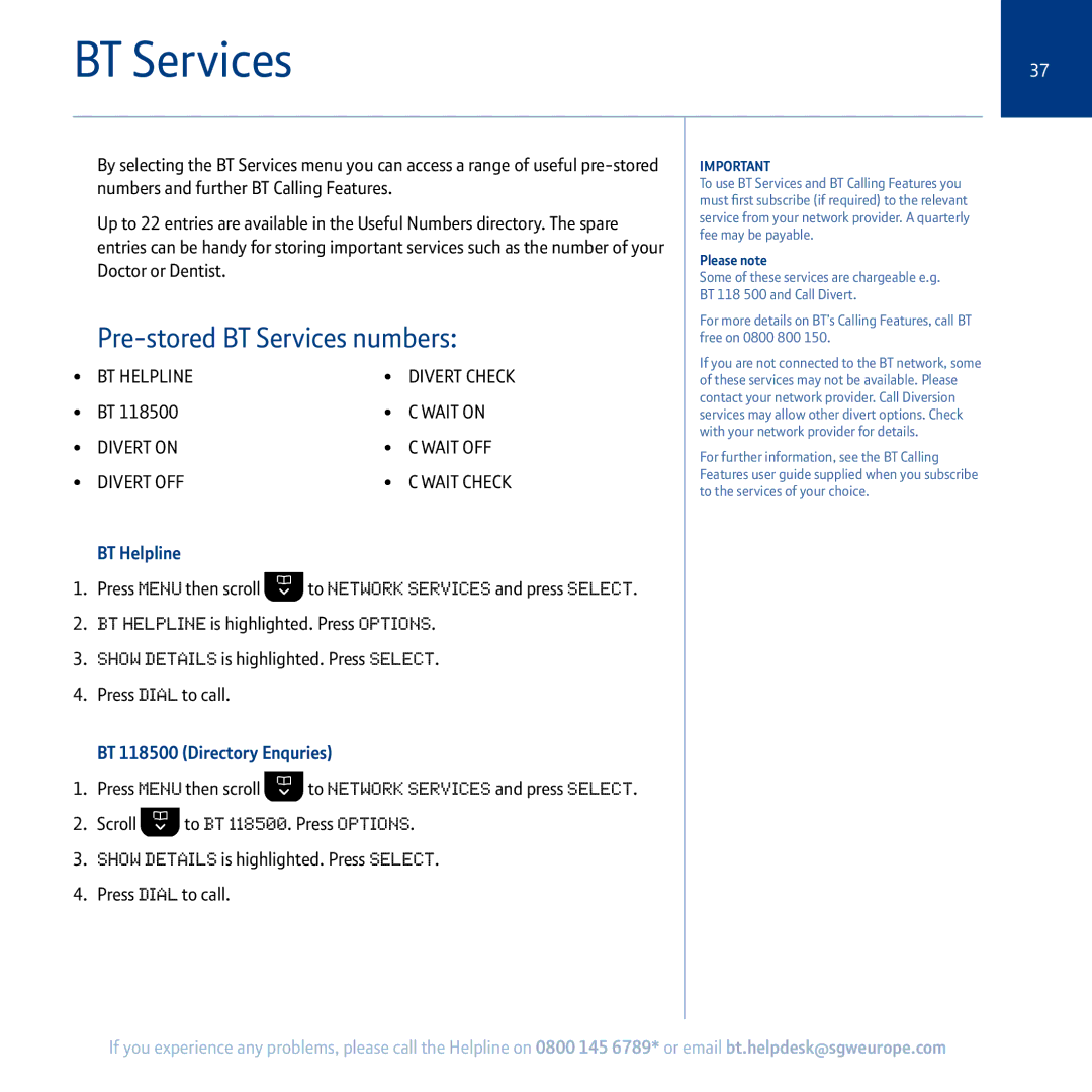 BT 5100 manual Pre-stored BT Services numbers, BT Helpline, BT 118500 Directory Enquries, Please note 