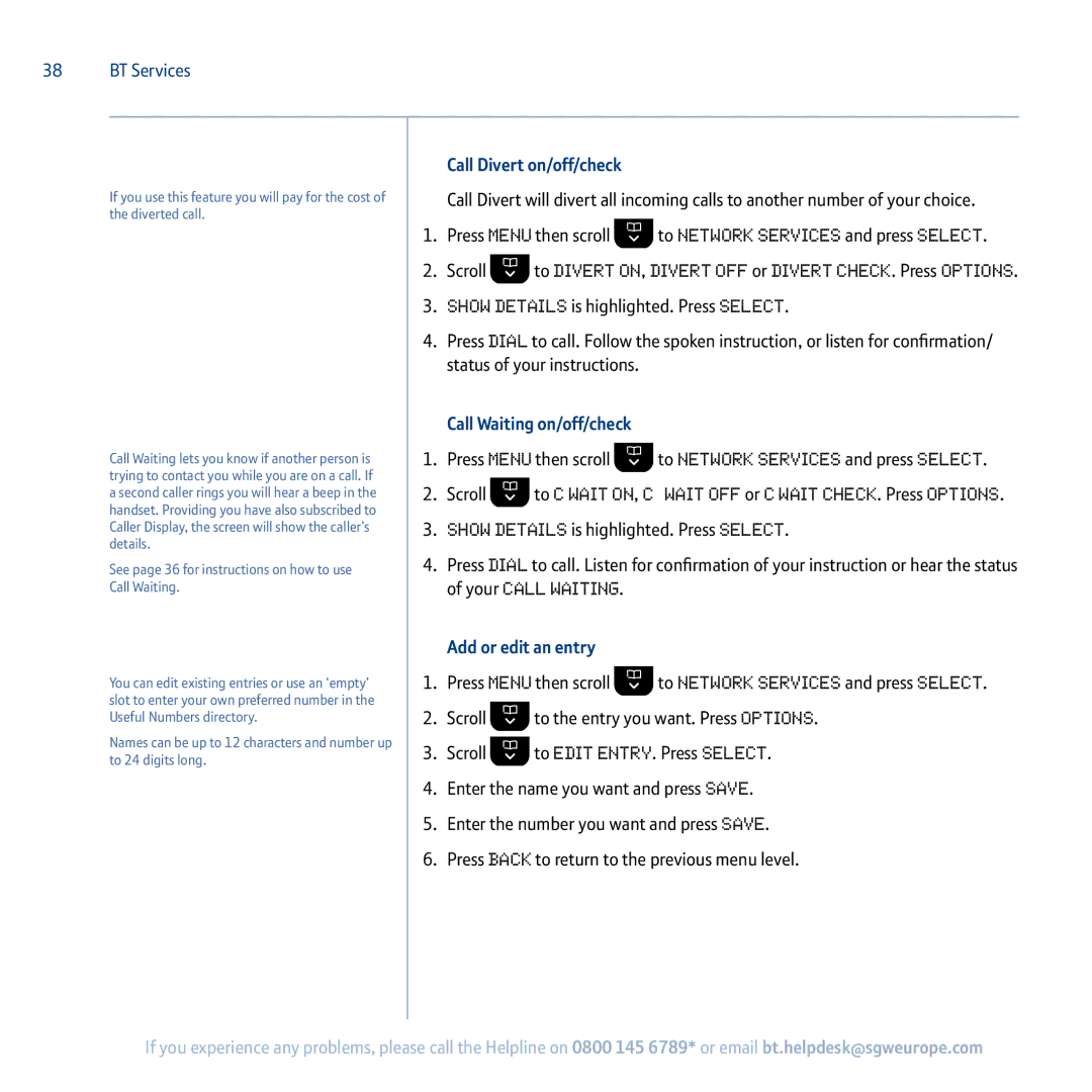 BT 5100 manual Call Divert on/off/check, Call Waiting on/off/check, Add or edit an entry 