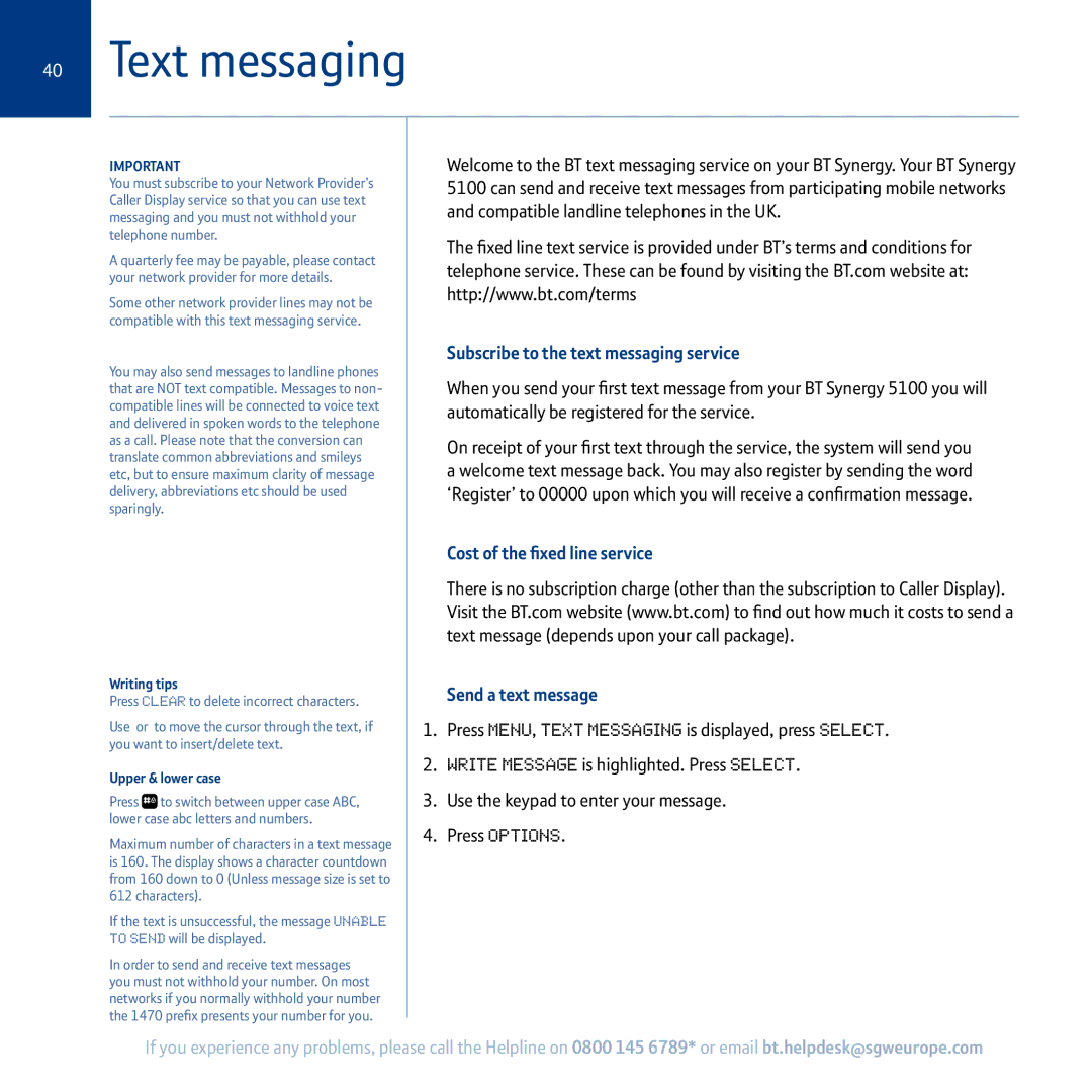 BT 5100 manual Text messaging, Subscribe to the text messaging service, Cost of the fixed line service Send a text message 