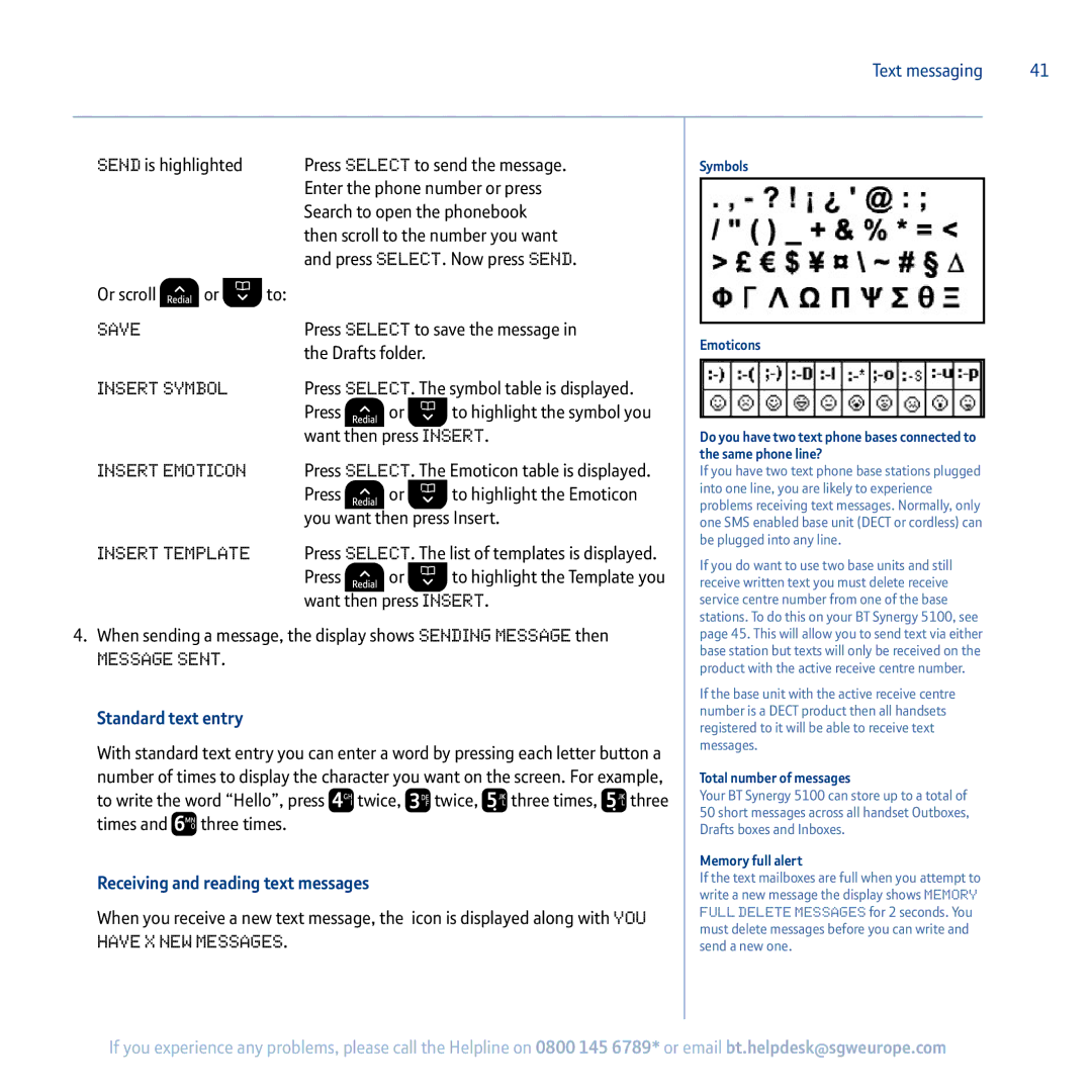 BT 5100 manual Standard text entry, Receiving and reading text messages 