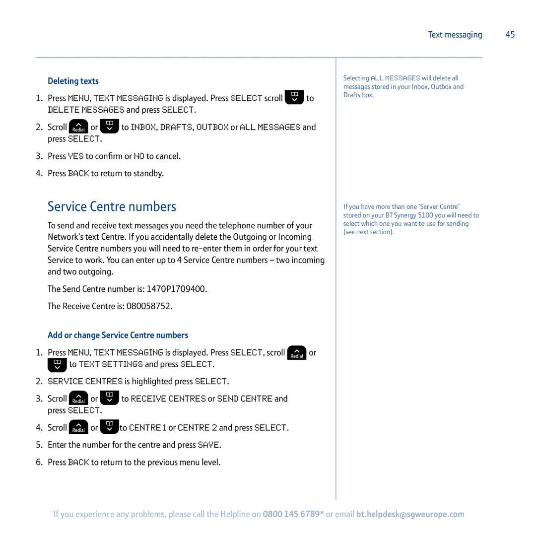 BT 5100 manual Deleting texts, Add or change Service Centre numbers 