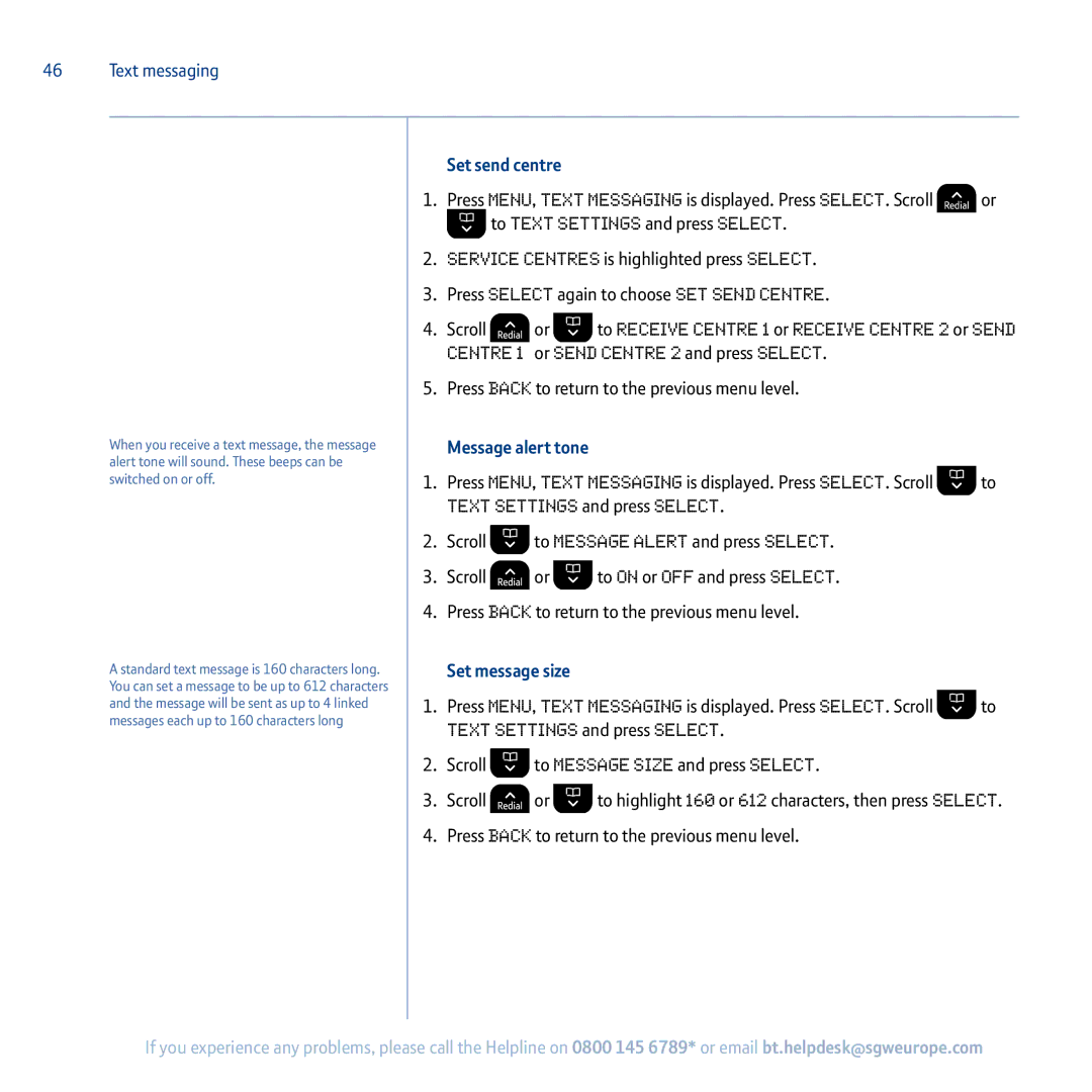 BT 5100 manual Set send centre, Message alert tone, Set message size 