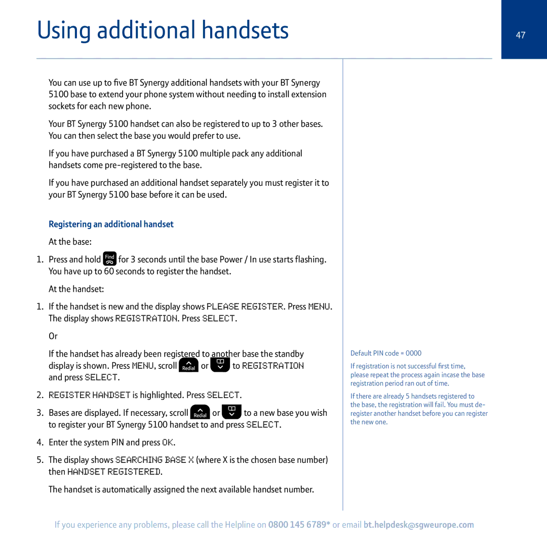 BT 5100 manual Using additional handsets, Registering an additional handset 