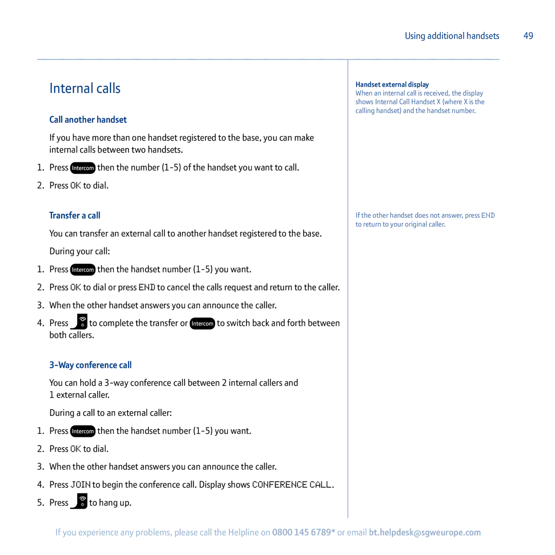 BT 5100 manual Internal calls, Call another handset, Transfer a call, Way conference call, Handset external display 