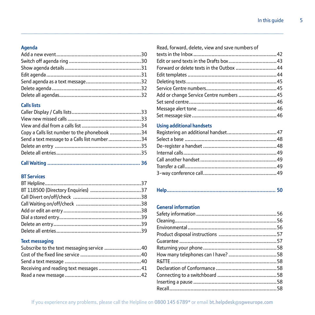 BT 5100 Agenda, Calls lists, Using additional handsets, Call Waiting, BT Services, General information, Text messaging 