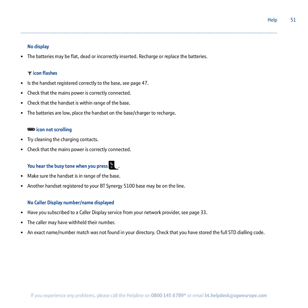 BT 5100 manual No display, Icon flashes, Icon not scrolling, You hear the busy tone when you press 