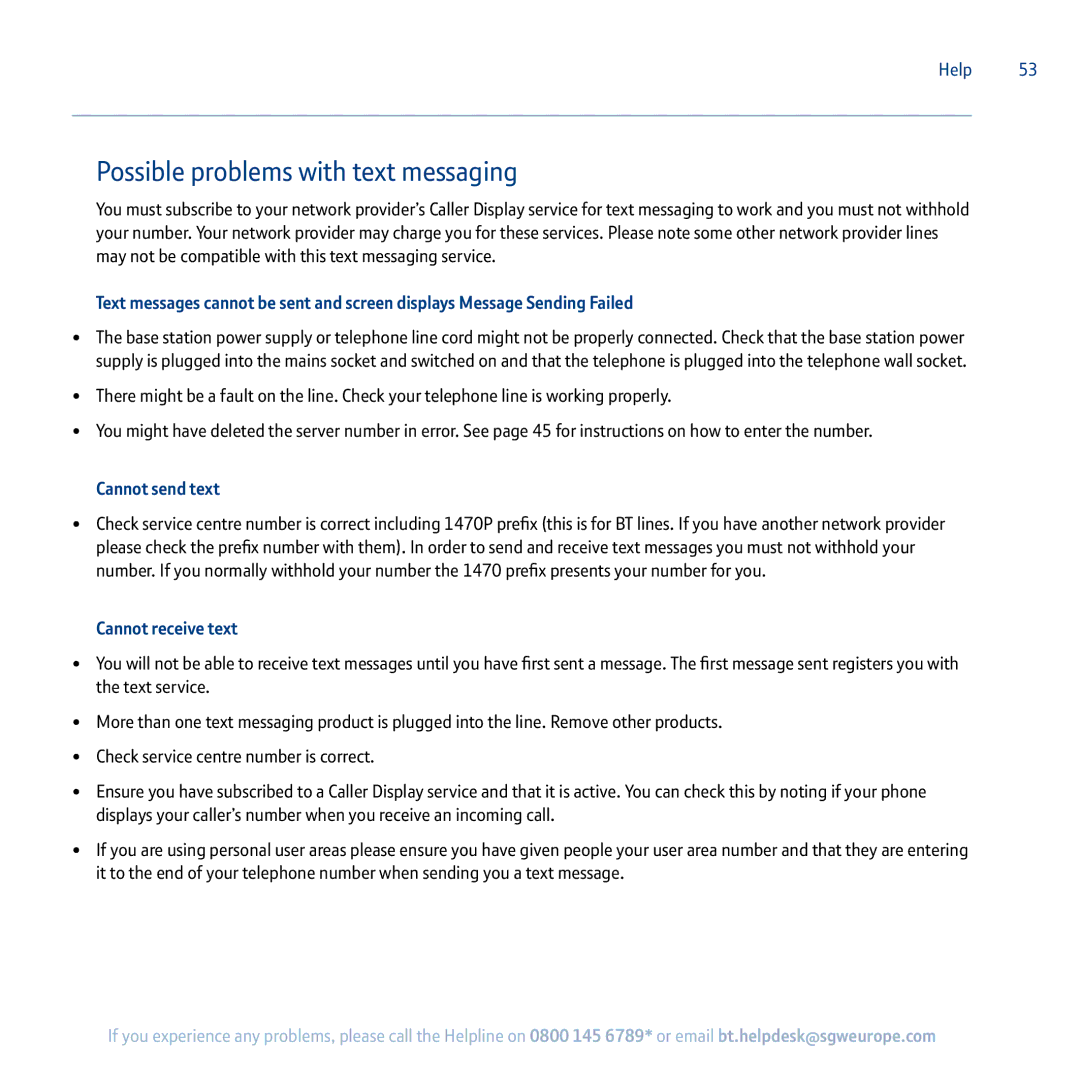 BT 5100 manual Possible problems with text messaging, Cannot send text, Cannot receive text 