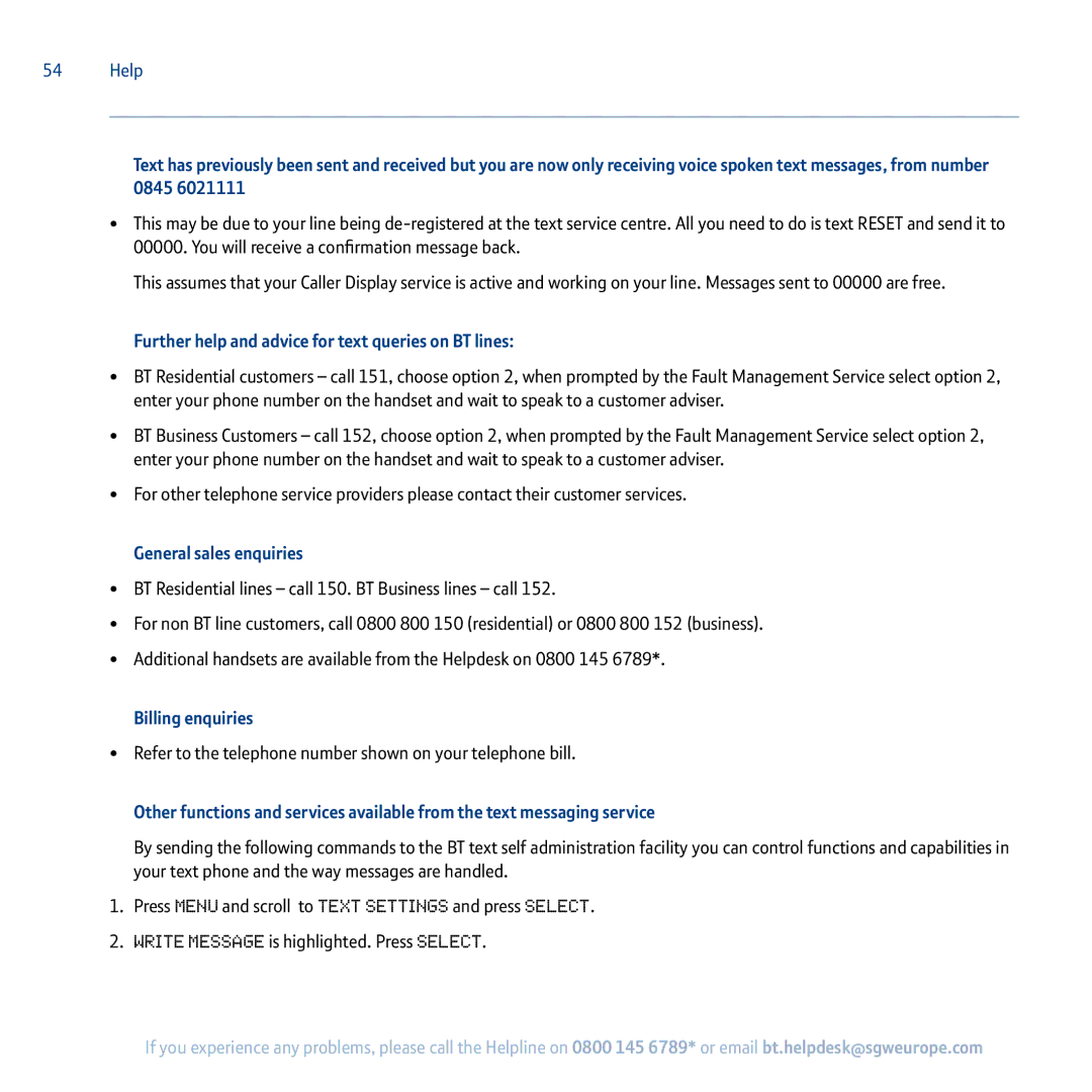 BT 5100 manual Further help and advice for text queries on BT lines, General sales enquiries, Billing enquiries 