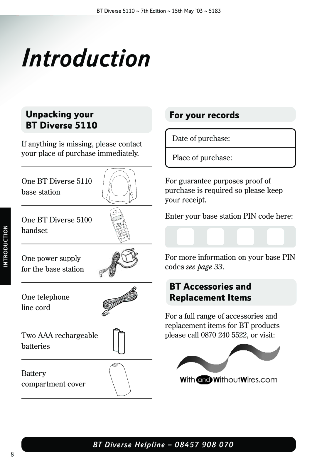 BT 5110 manual Introduction, Unpacking your BT Diverse, For your records, BT Accessories Replacement Items 