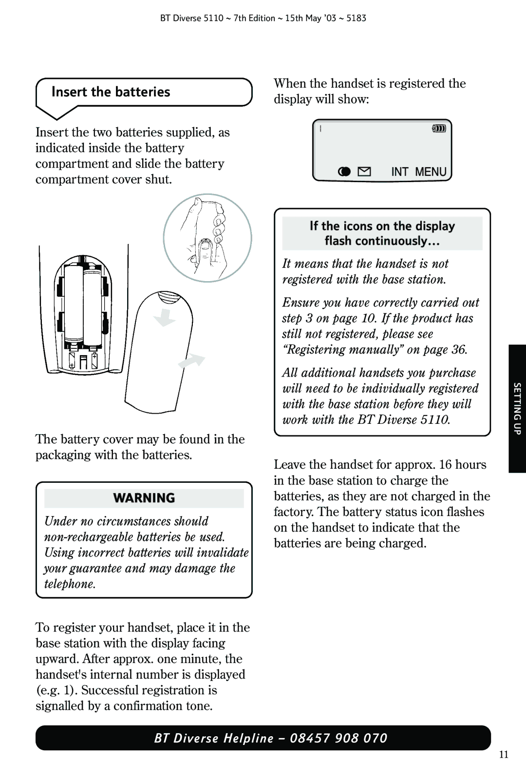 BT 5110 manual Insert the batteries, If the icons on the display Flash continuously 