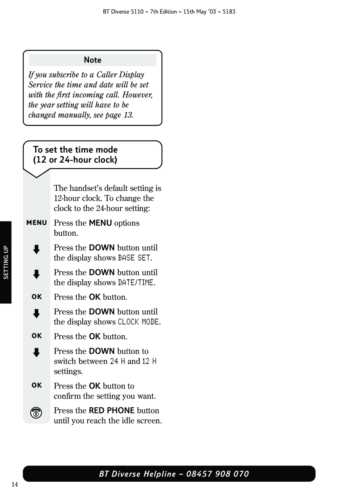 BT 5110 manual To set the time mode 12 or 24-hour clock 