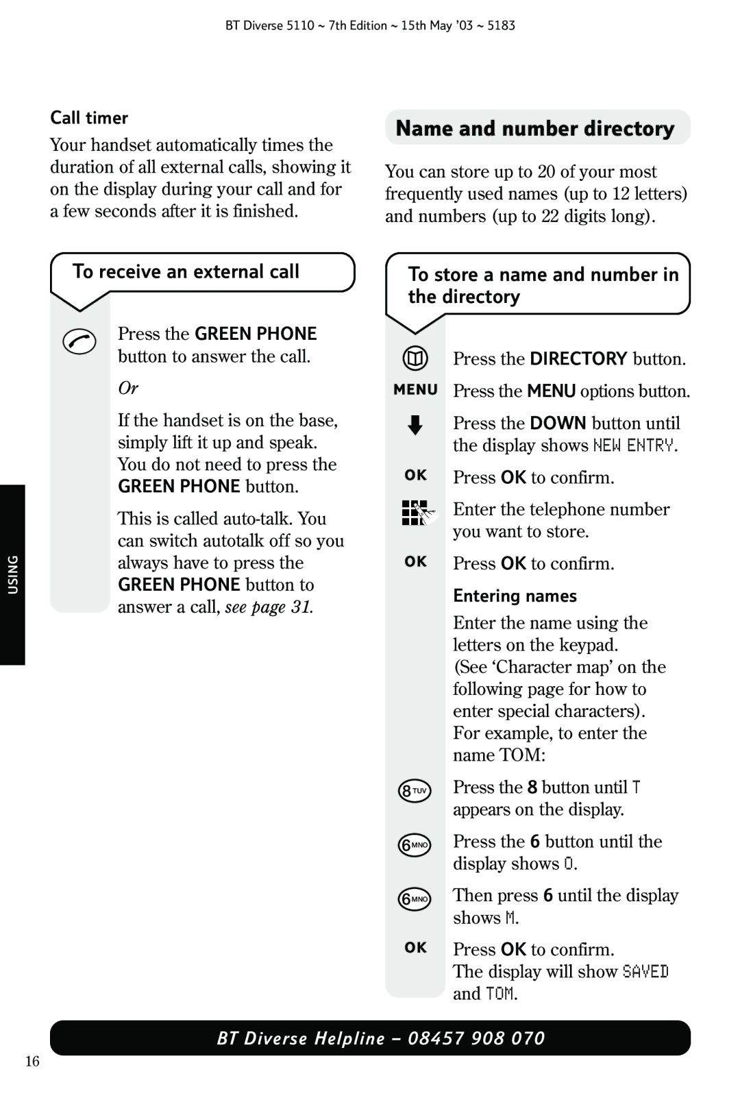 BT 5110 manual Name and number directory, Call timer, Entering names 