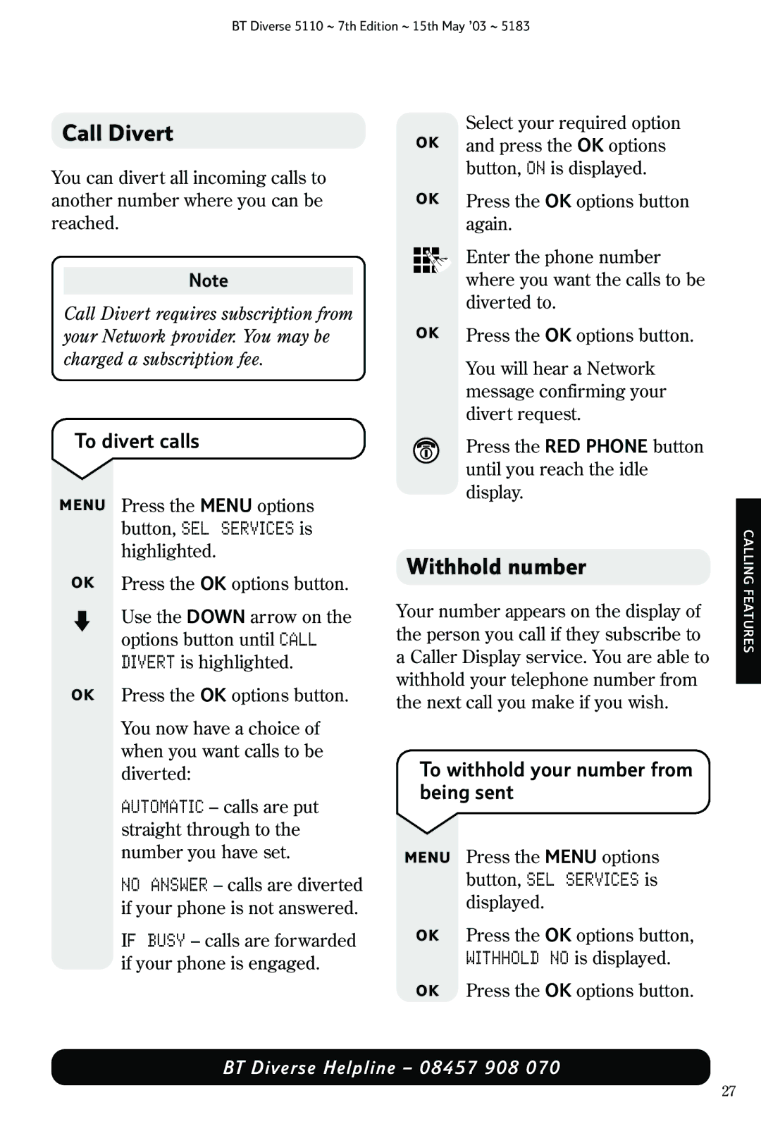 BT 5110 manual Call Divert, Withhold number, To divert calls, To withhold your number from being sent 