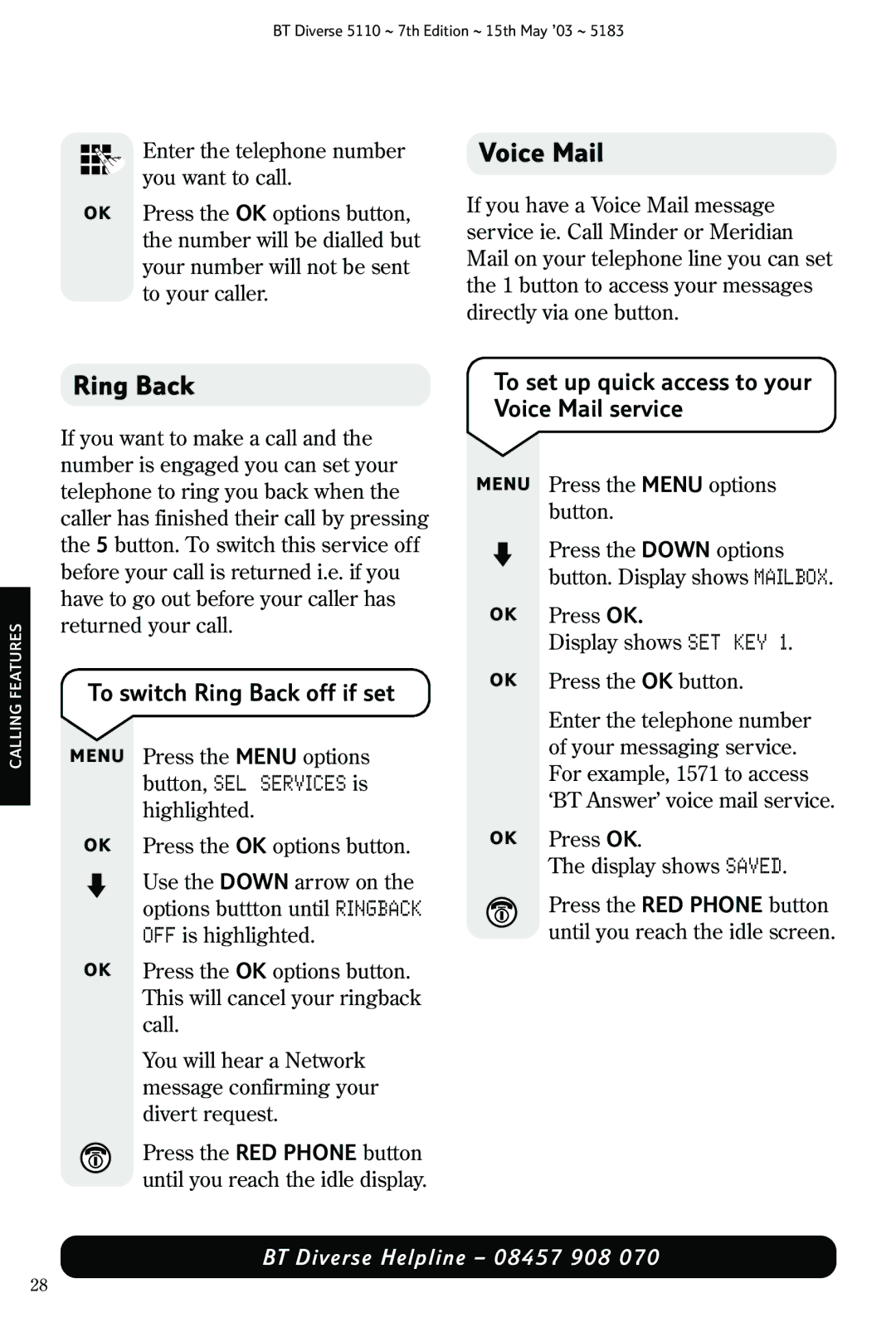 BT 5110 manual To switch Ring Back off if set, To set up quick access to your Voice Mail service 