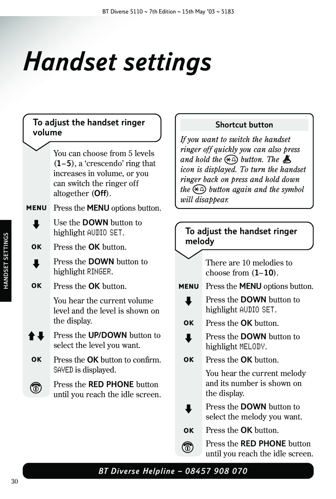 BT 5110 manual Handset settings, To adjust the handset ringer volume, To adjust the handset ringer melody, Shortcut button 