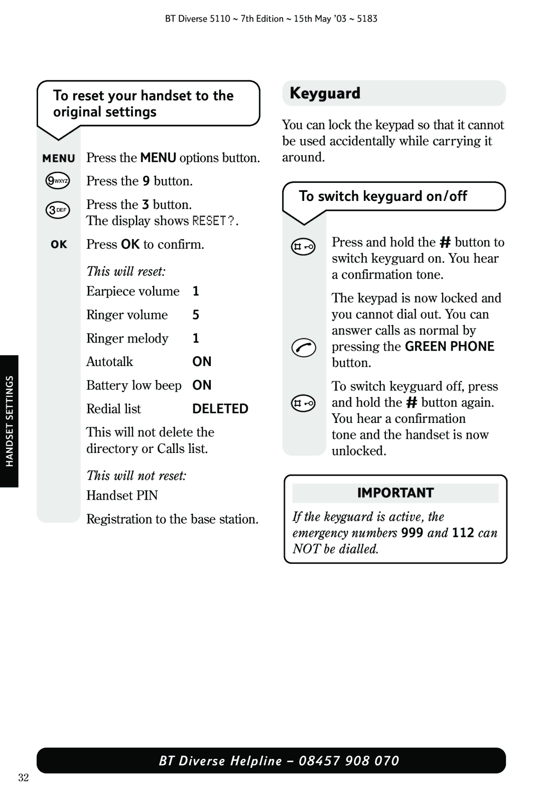 BT 5110 manual Keyguard, To reset your handset to the original settings, To switch keyguard on/off 