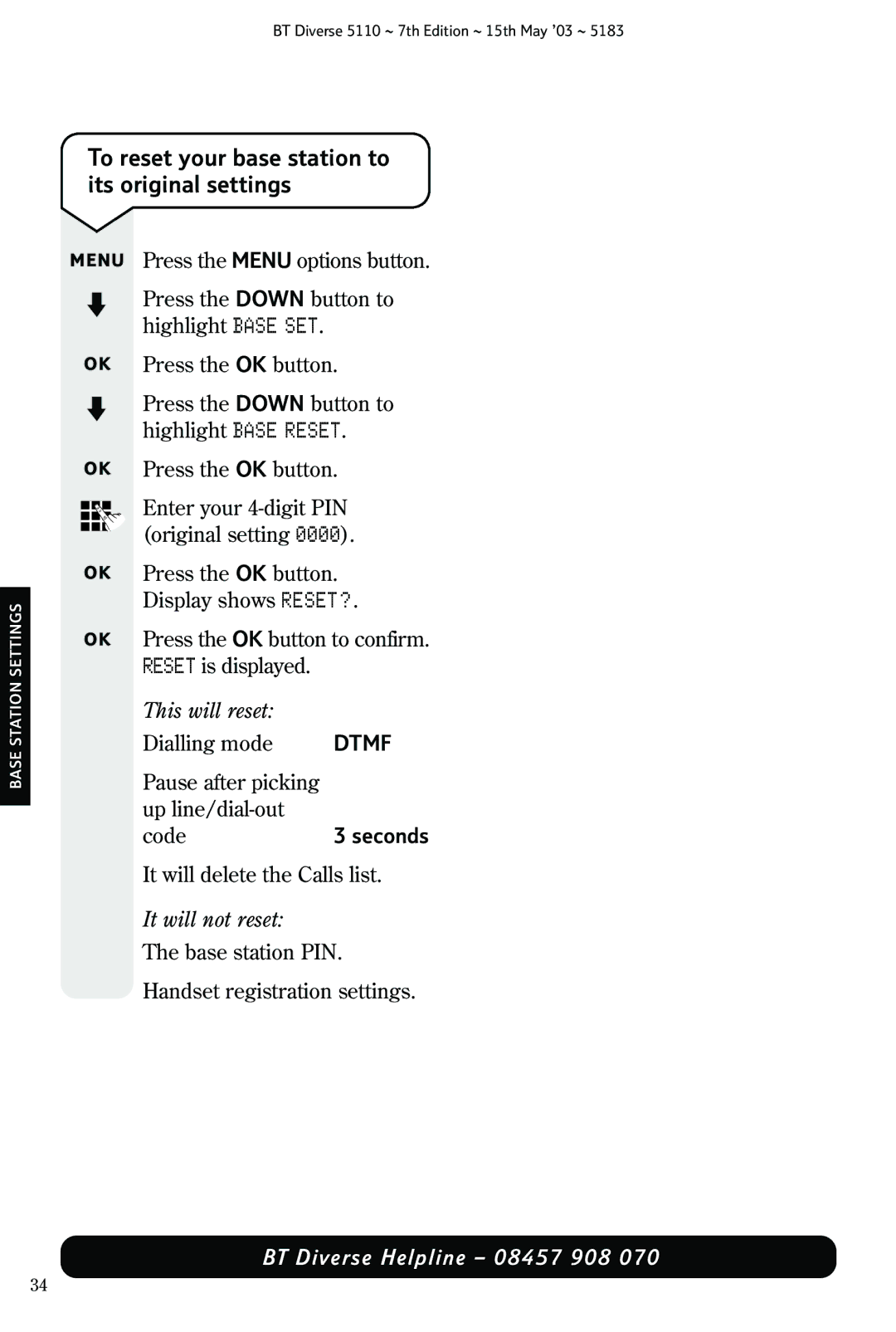 BT 5110 manual To reset your base station to its original settings, Dtmf 