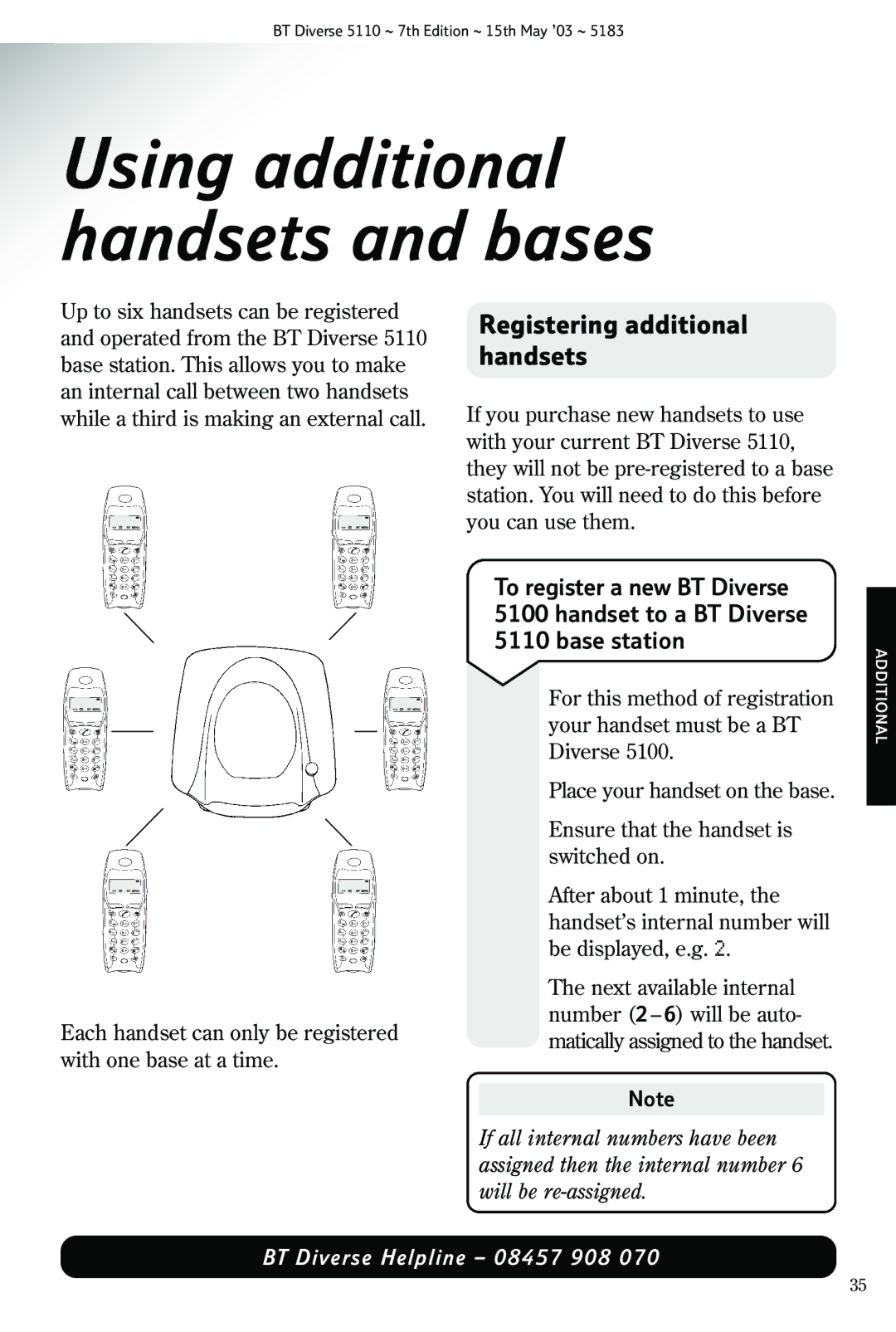 BT 5110 manual Using additional handsets and bases, Registering additional handsets 