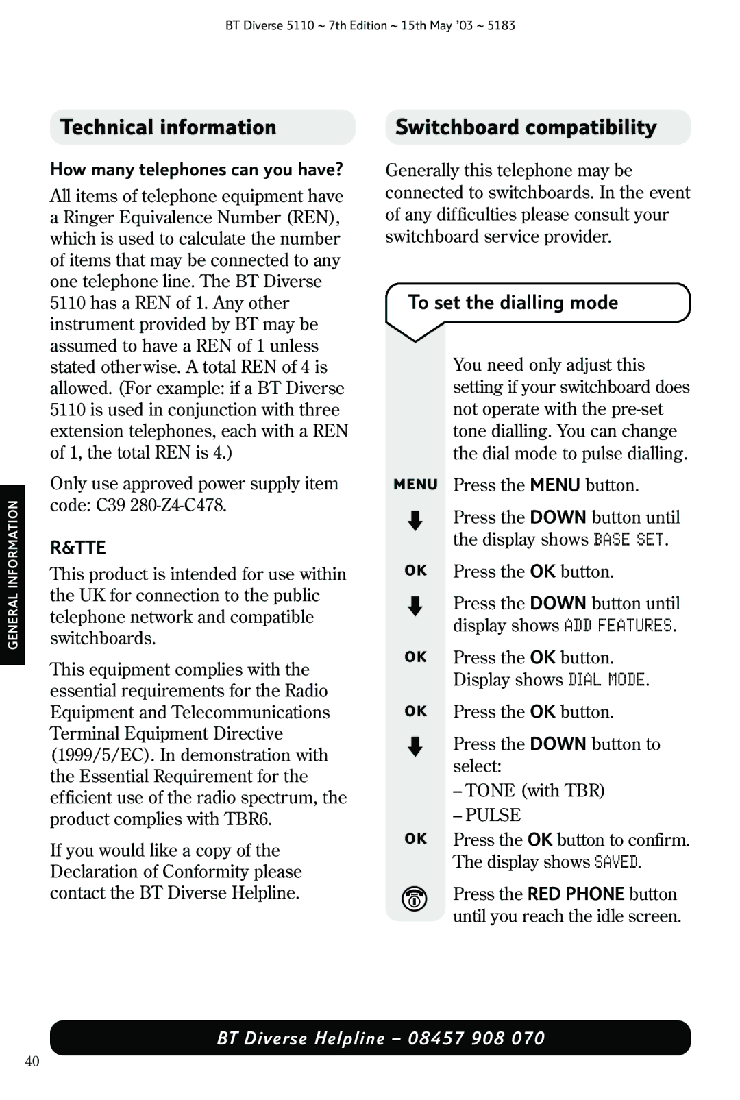 BT 5110 Technical information, Switchboard compatibility, To set the dialling mode, How many telephones can you have? 