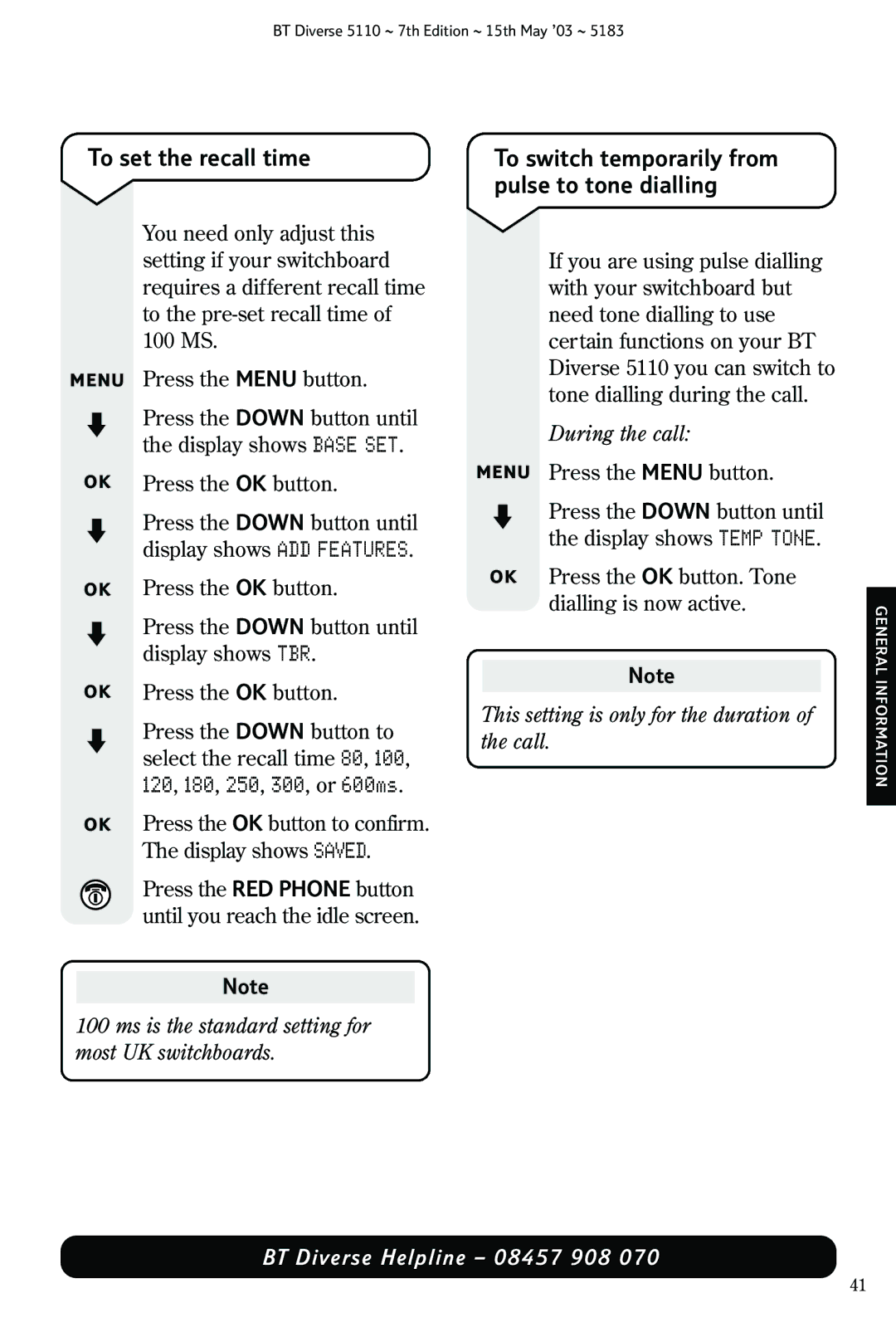 BT 5110 manual To set the recall time, To switch temporarily from pulse to tone dialling 