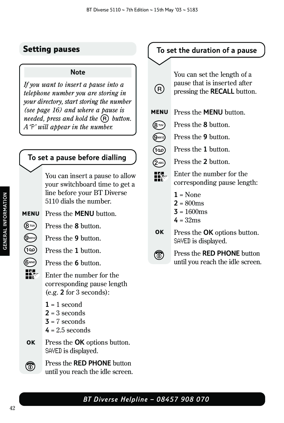 BT 5110 manual Setting pauses, To set the duration of a pause, To set a pause before dialling 