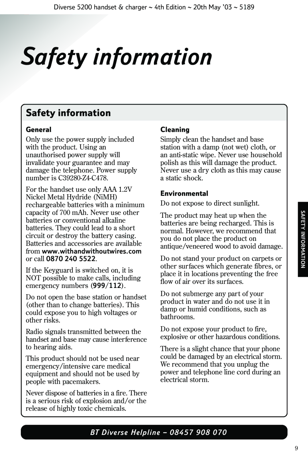 BT 5200 manual Safety information, General, Cleaning, Environmental 