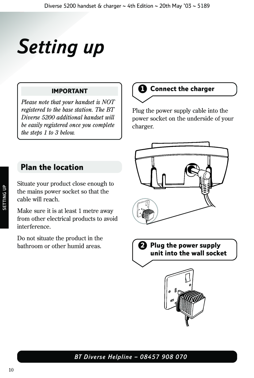 BT 5200 manual Setting up, Plan the location, Connect the charger, Plug the power supply unit into the wall socket 