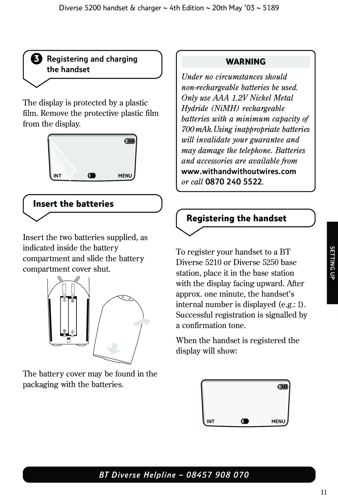 BT 5200 manual Insert the batteries, Registering the handset, Registering and charging the handset 