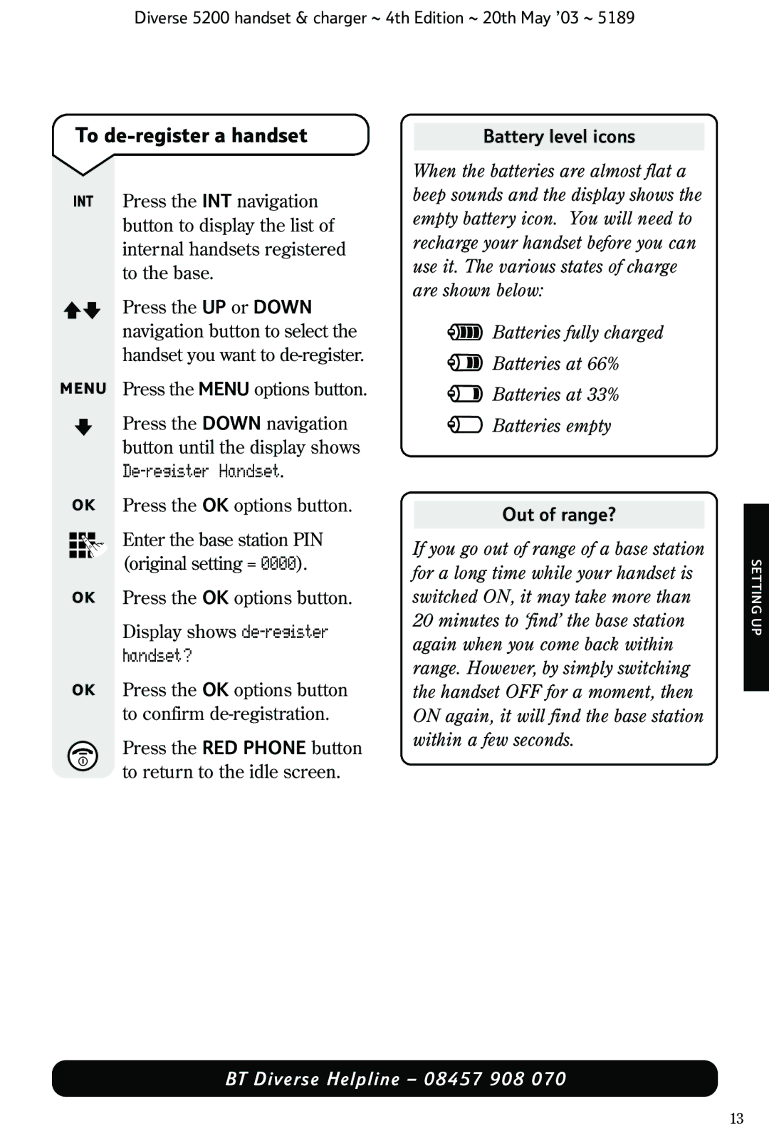 BT 5200 manual To de-register a handset, De-register Handset, Handset?, Battery level icons, Out of range? 