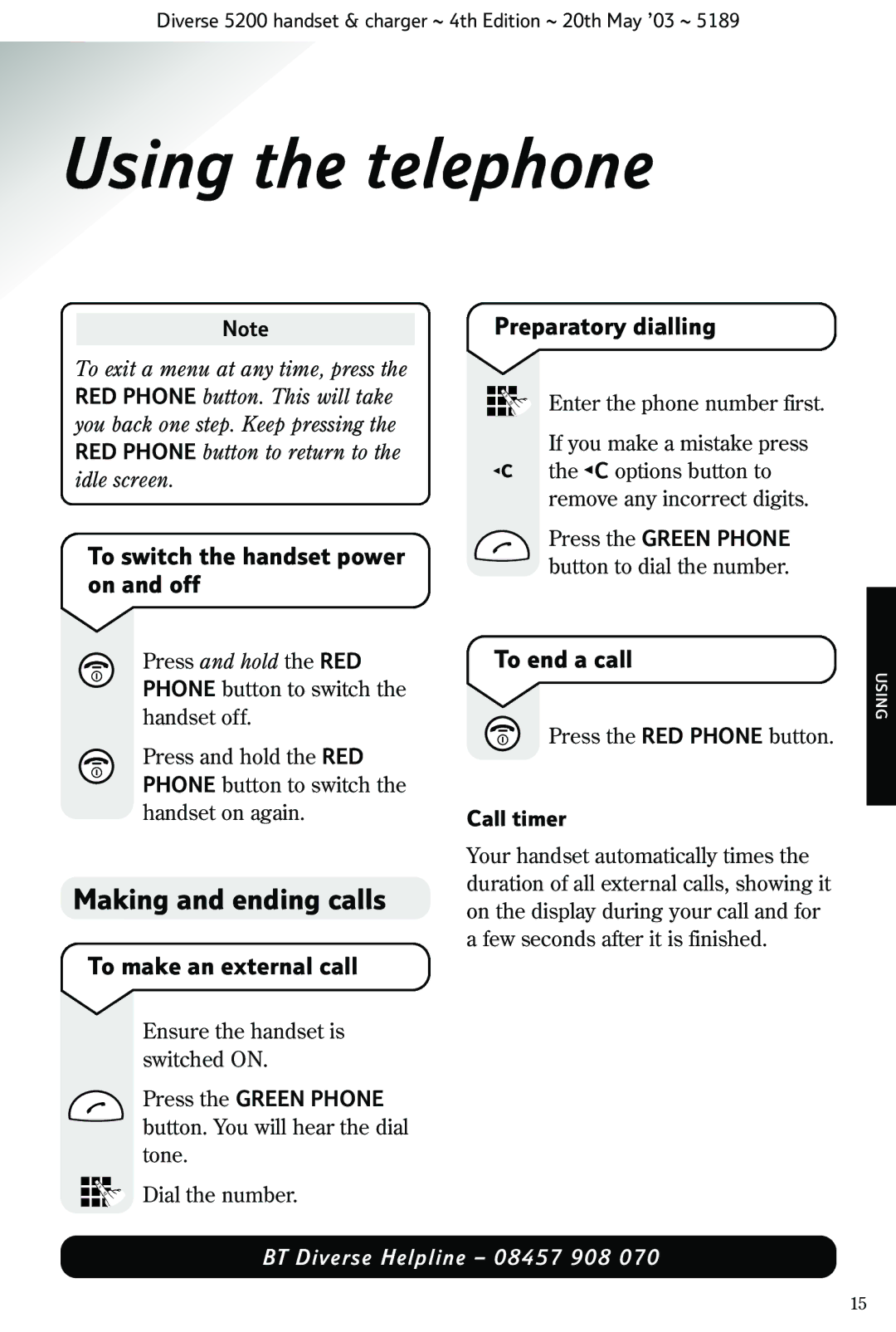 BT 5200 manual Using the telephone, Making and ending calls 