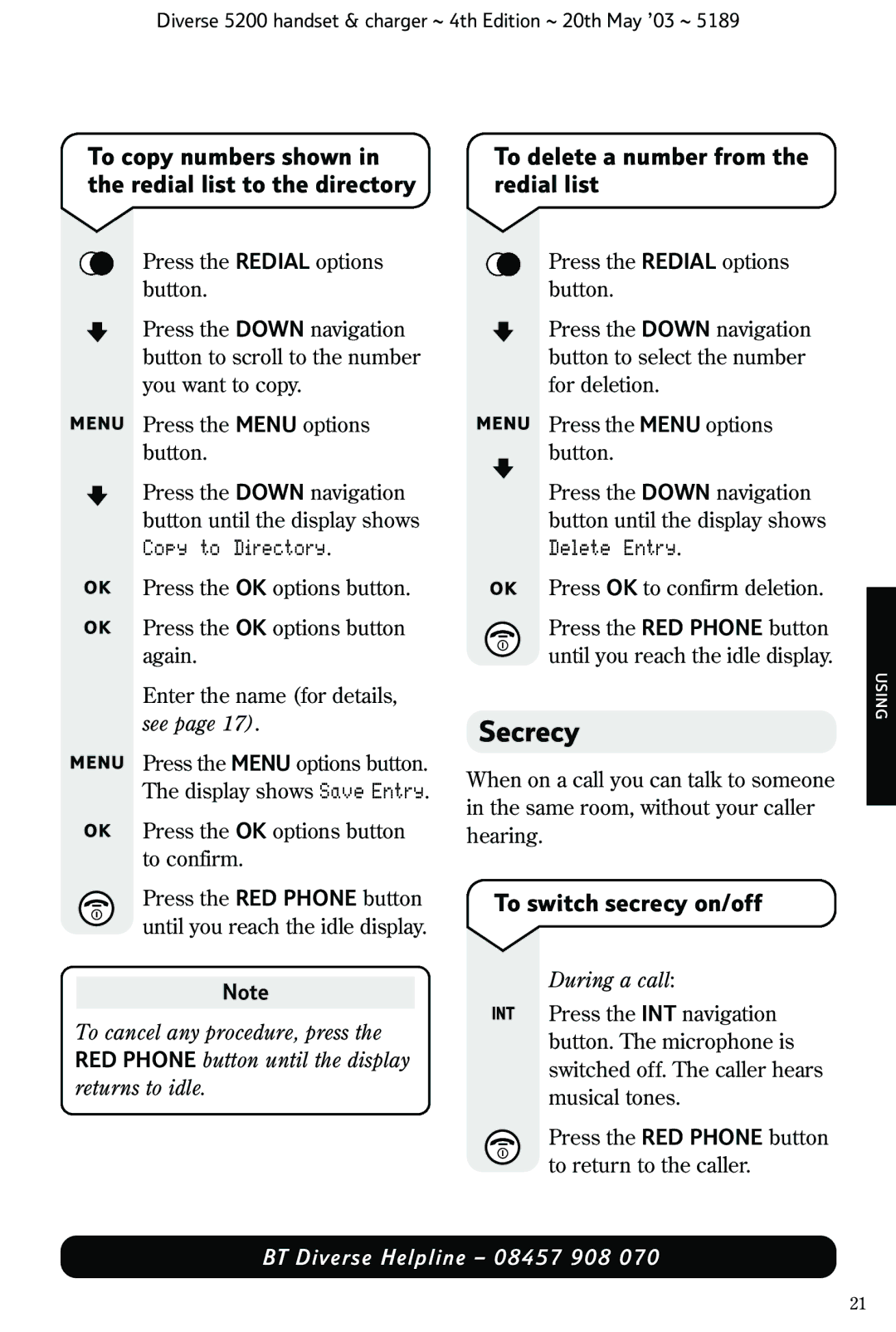 BT 5200 manual Secrecy, To copy numbers shown, Redial list to the directory, To switch secrecy on/off, During a call 