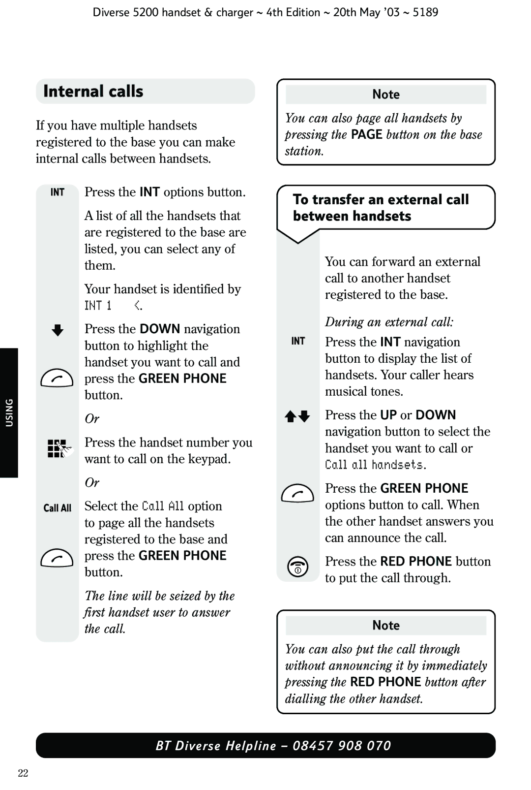 BT 5200 manual Internal calls, To transfer an external call between handsets, Call all handsets, During an external call 