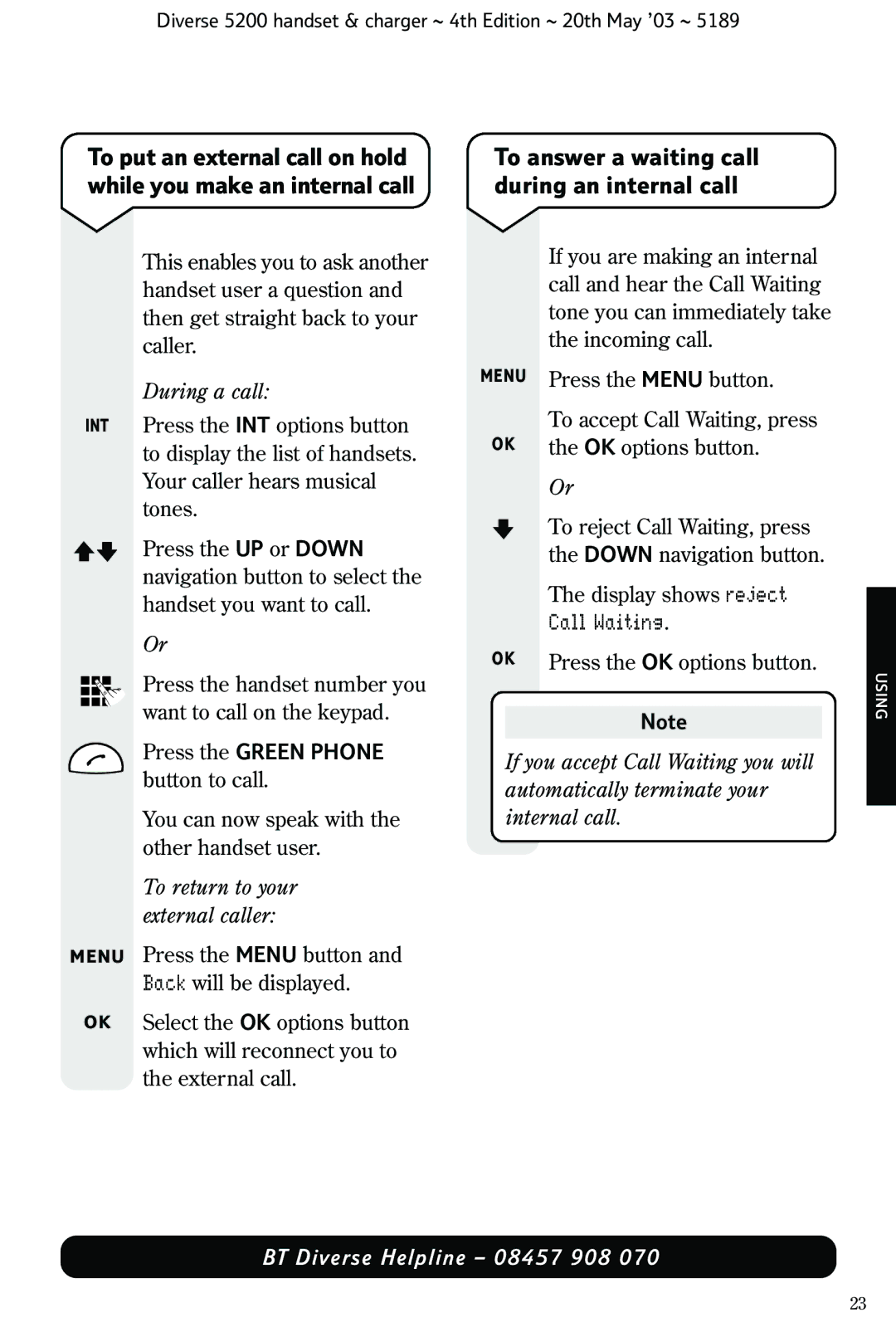 BT 5200 manual To answer a waiting call during an internal call, Call Waiting 